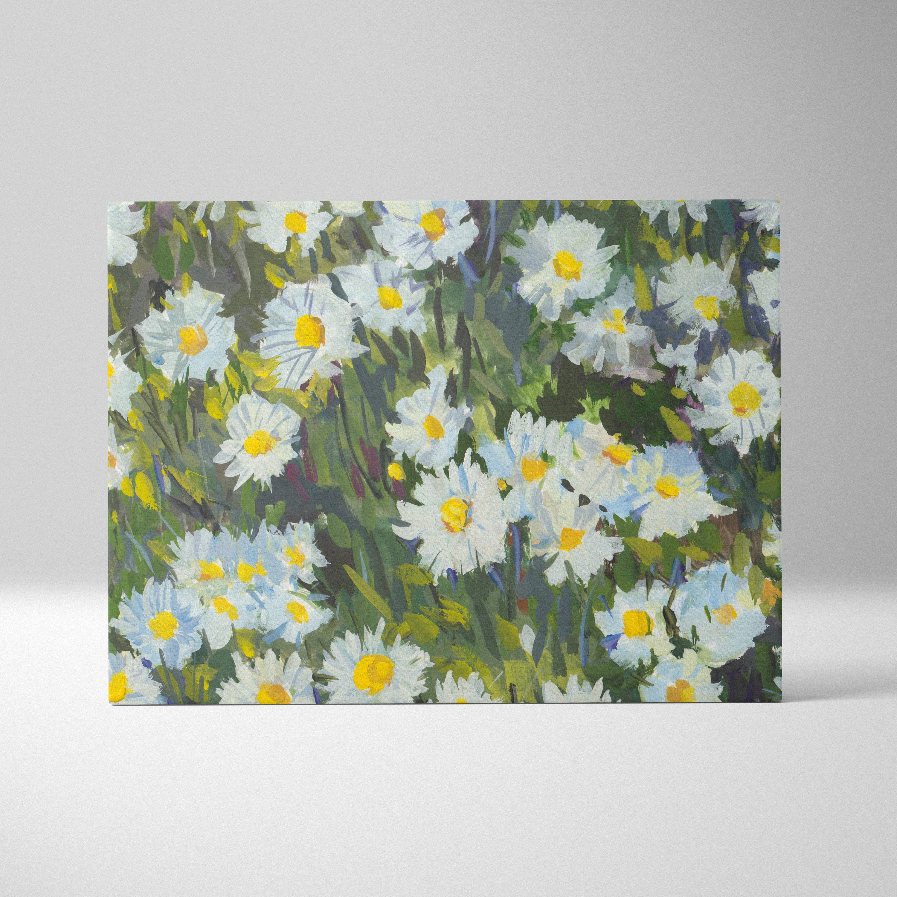 White daisy flower rectangular canvas print with vibrant impressionist yellow center flowers and green foliage wall art
