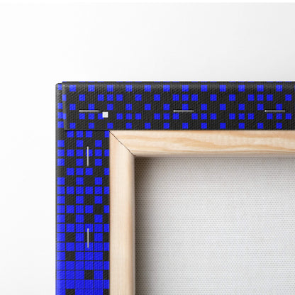 Vaporwave pixel art space car canvas print with blue and black checkered canvas and light wood frame border