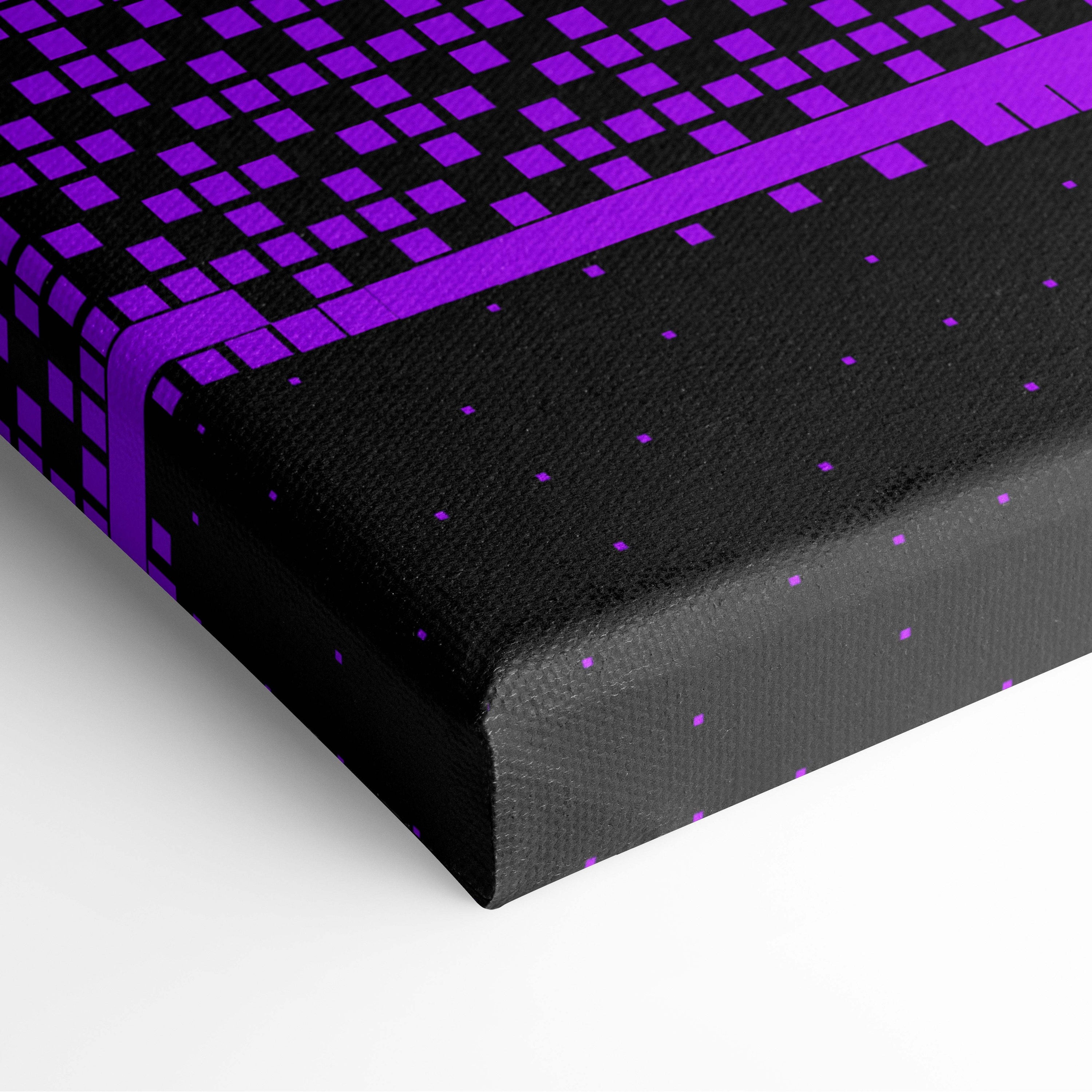 Black canvas print featuring bold purple pixelated vaporwave pixel art space car with scattered dots wall decor