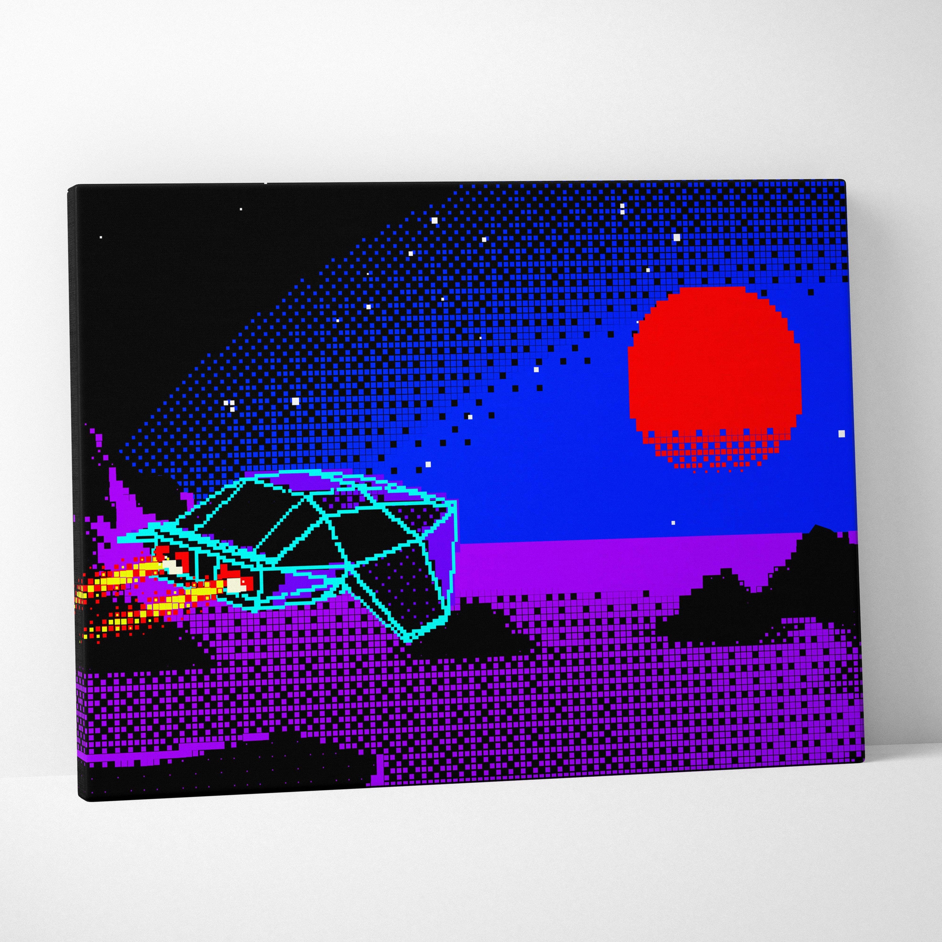 Vaporwave pixel art space car canvas print featuring a retro-futuristic spaceship in blue purple synthwave nightscape