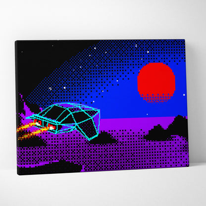 Vaporwave pixel art space car canvas print featuring a retro-futuristic spaceship in blue purple synthwave nightscape