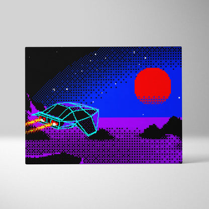 Vaporwave pixel art space car canvas print featuring a retro-futuristic spaceship over a purple synthwave landscape