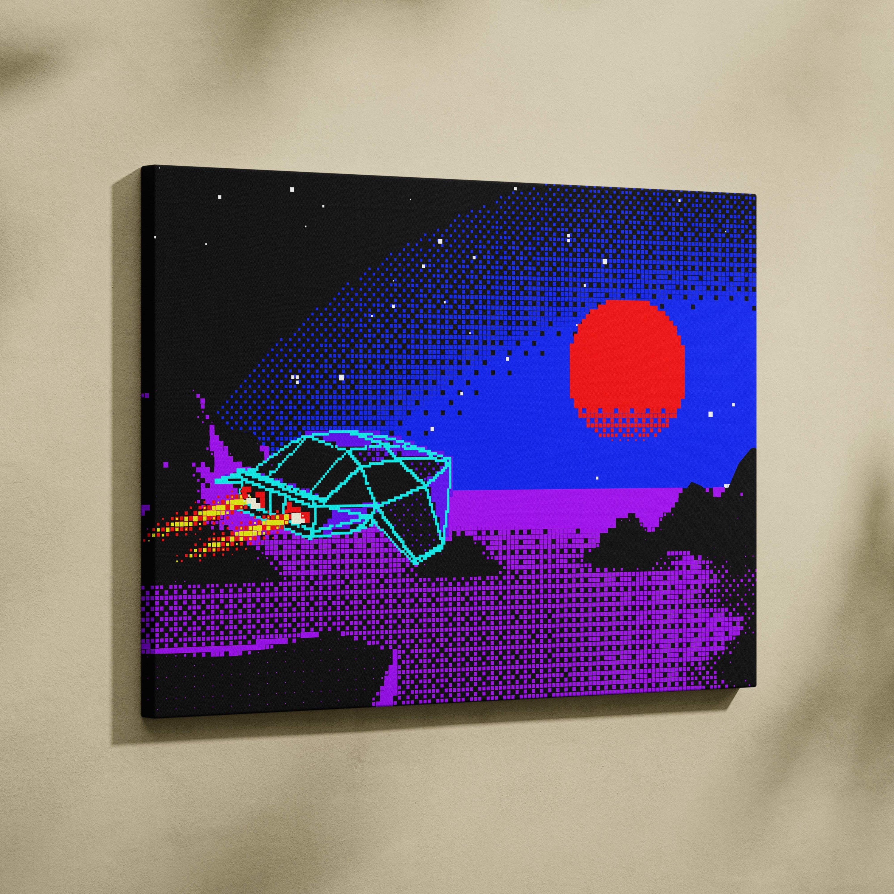 Vaporwave pixel art canvas print of a glowing teal spaceship over purple terrain under a red sun in a synthwave nightscape