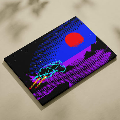 Vaporwave pixel art space car canvas print featuring a retro-futuristic neon spaceship over a blue purple synthwave sunset