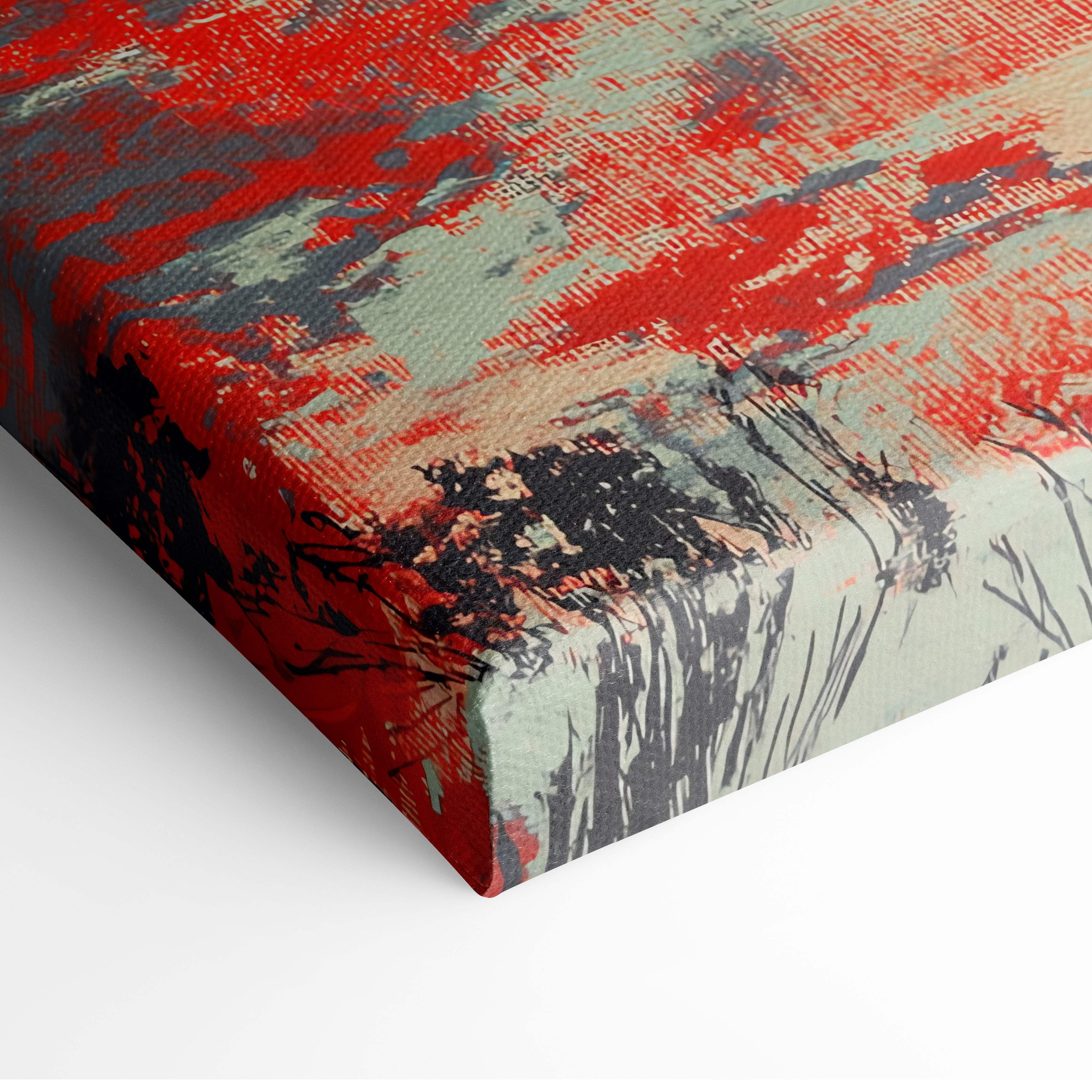 A vibrant abstract red aqua lighthouse canvas wall art with bold red gray and black brushstrokes for coastal decor