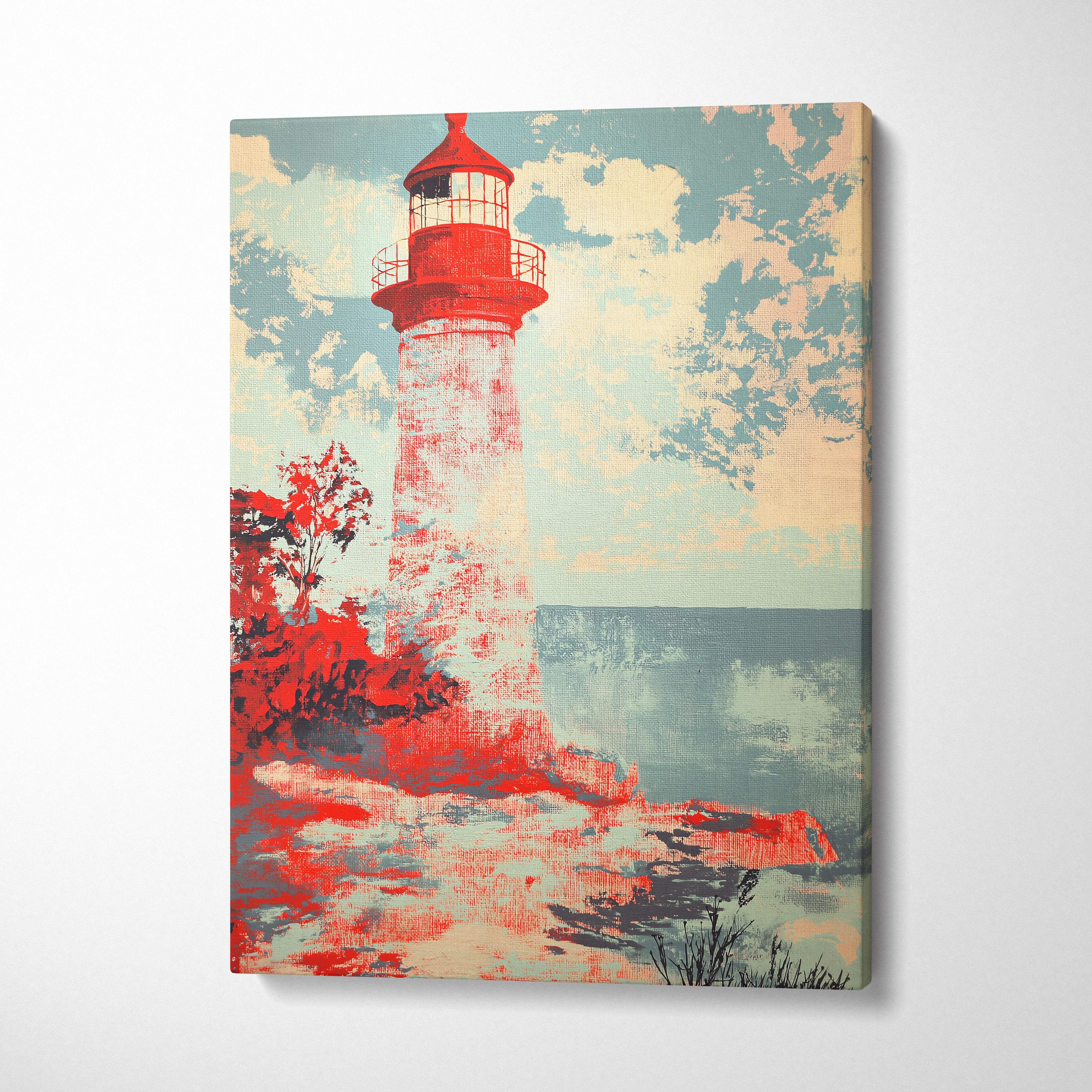 Red and white lighthouse canvas wall art with stylized textured design coastal nautical seascape decor