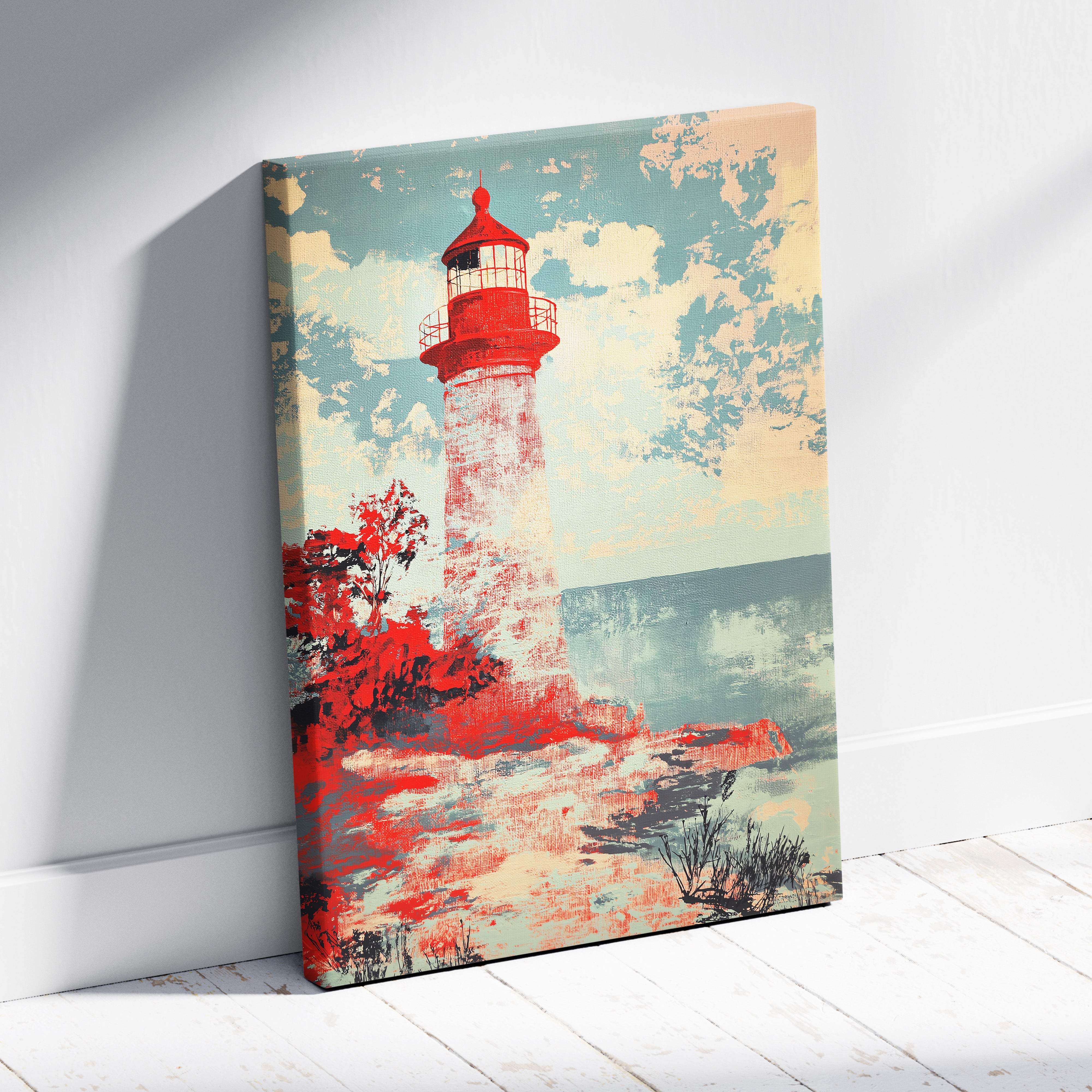 Red and white lighthouse canvas wall art with stylized textured design coastal nautical seascape decor