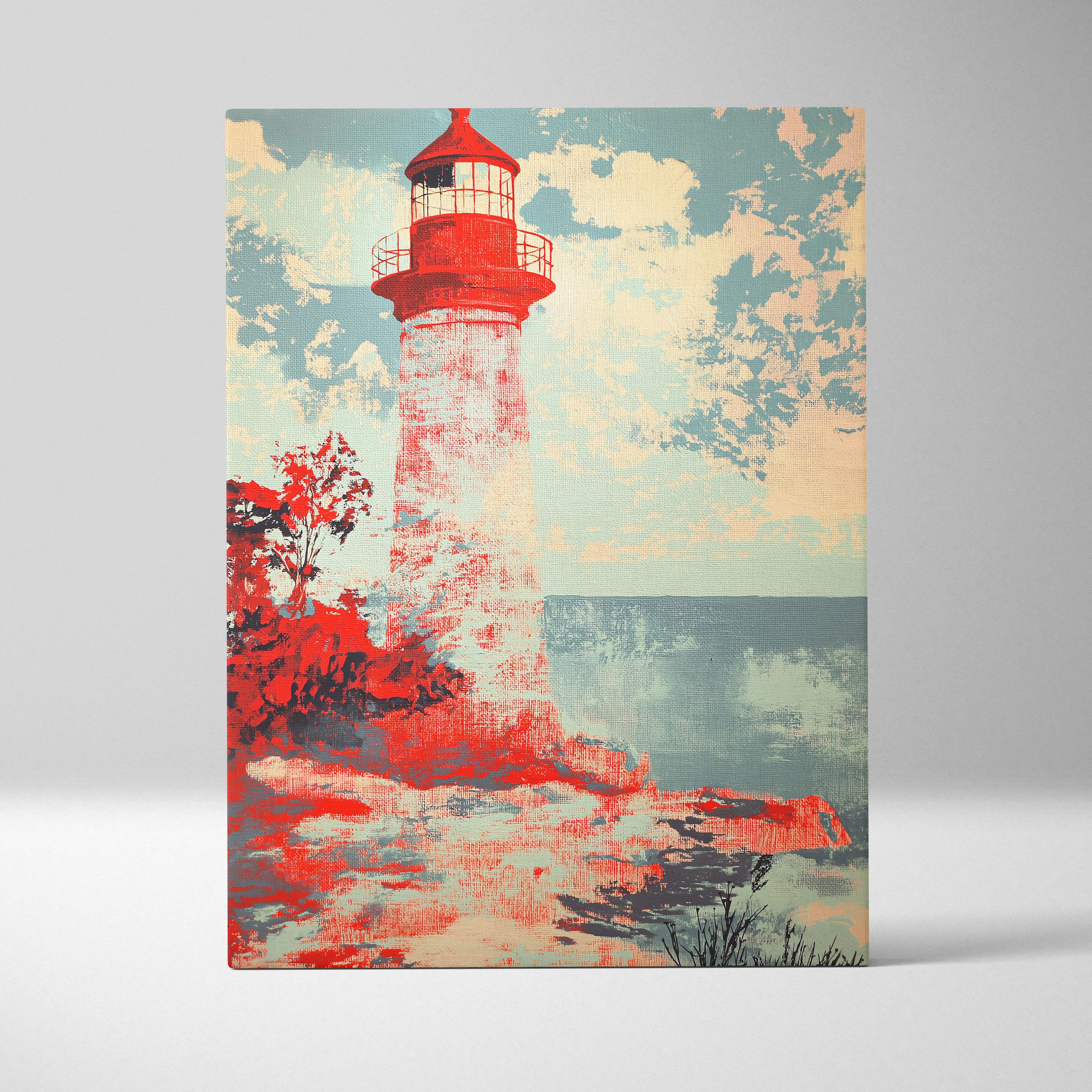 Red lighthouse with white stripes on canvas print coastal nautical seascape for beach house bathroom or living room decor