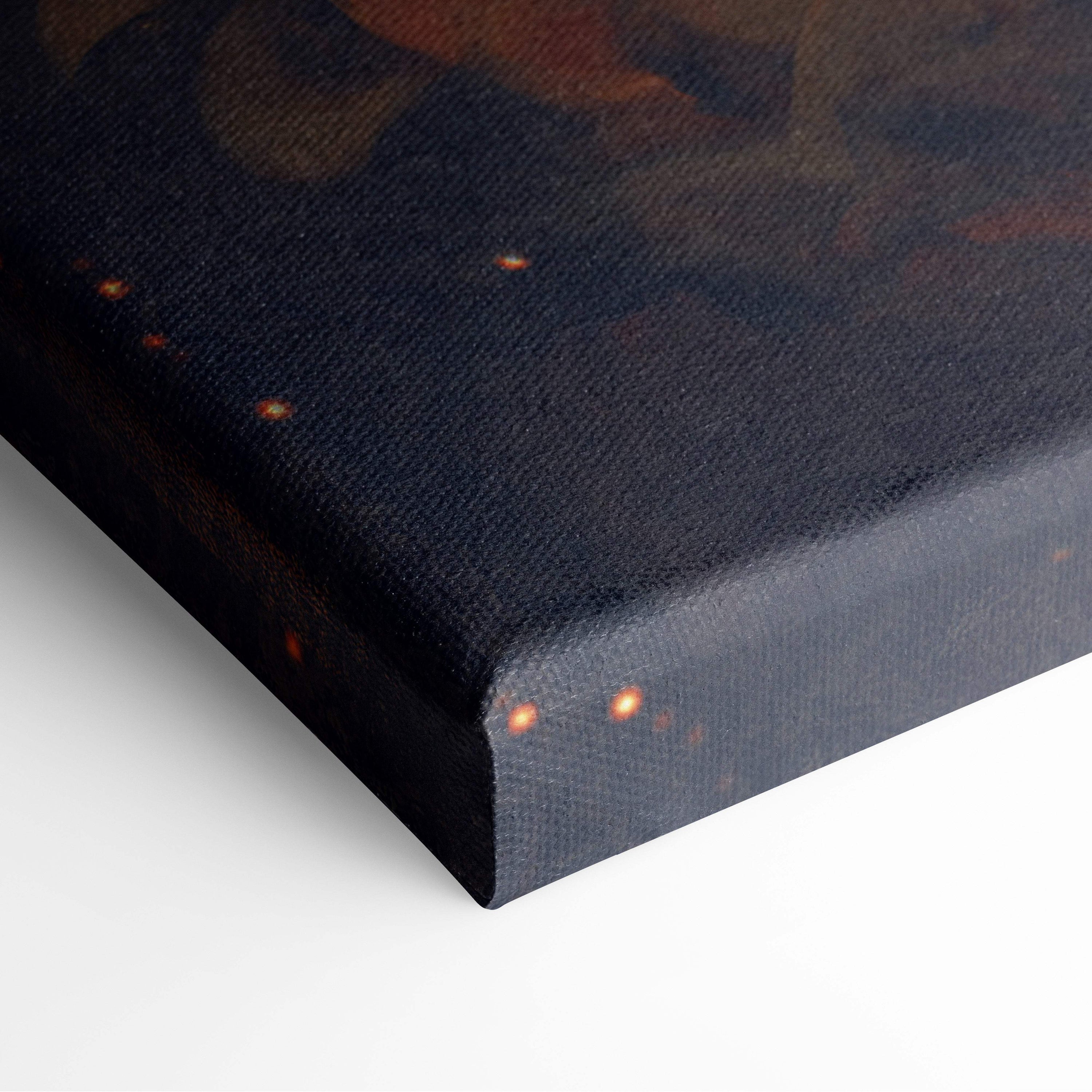 Dark blue canvas print with textured surface and subtle orange speckles featuring surreal cosmic boat wall art