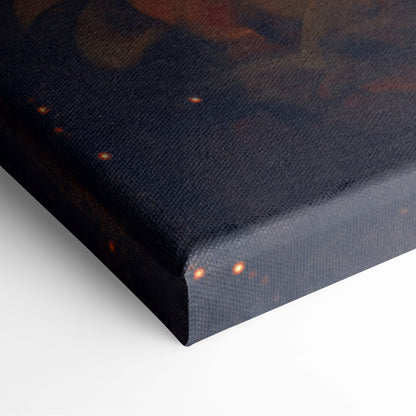Dark blue canvas print with textured surface and subtle orange speckles featuring surreal cosmic boat wall art