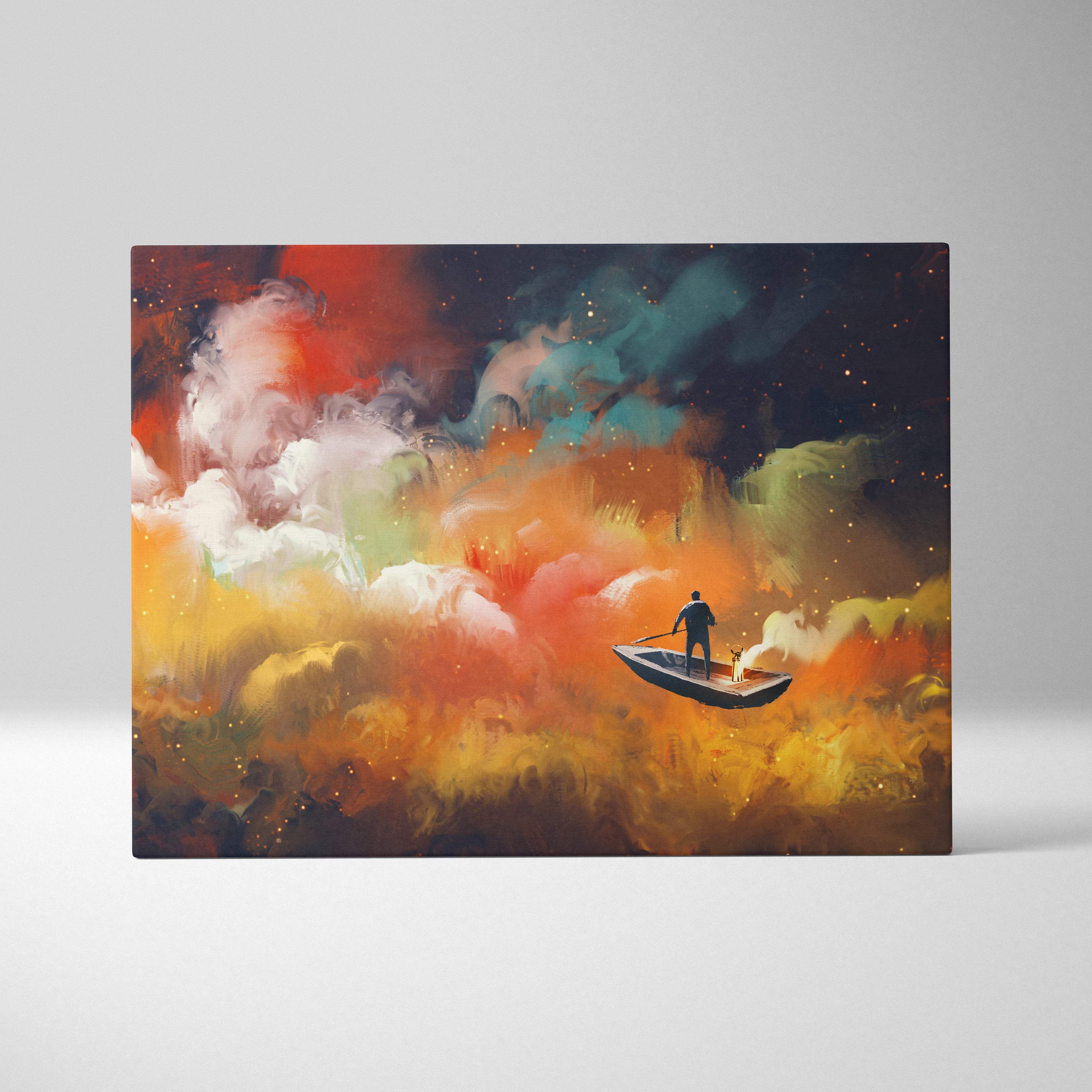 Rectangular canvas print of a lone figure in a boat floating through vibrant orange red and teal swirling nebulae