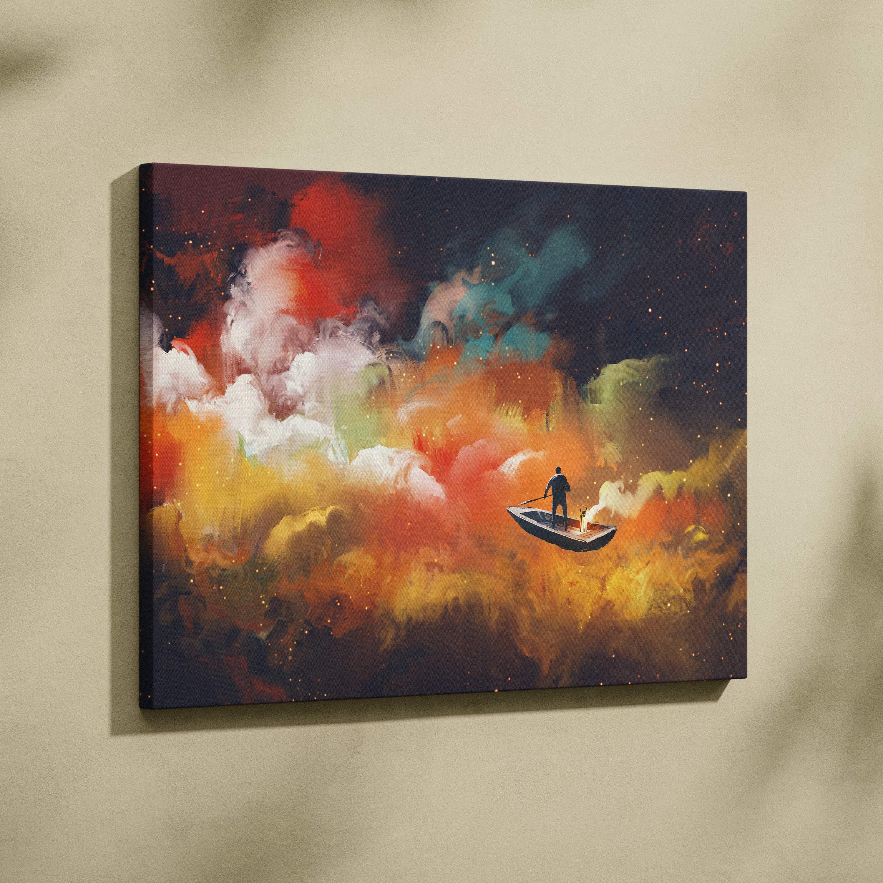 Surreal cosmic boat canvas wall art with vibrant abstract galaxy clouds and a lone figure in colorful fantasy night sky
