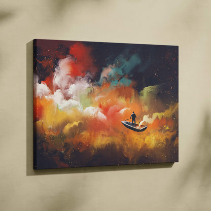Surreal cosmic boat canvas wall art with vibrant abstract galaxy clouds and a lone figure in colorful fantasy night sky