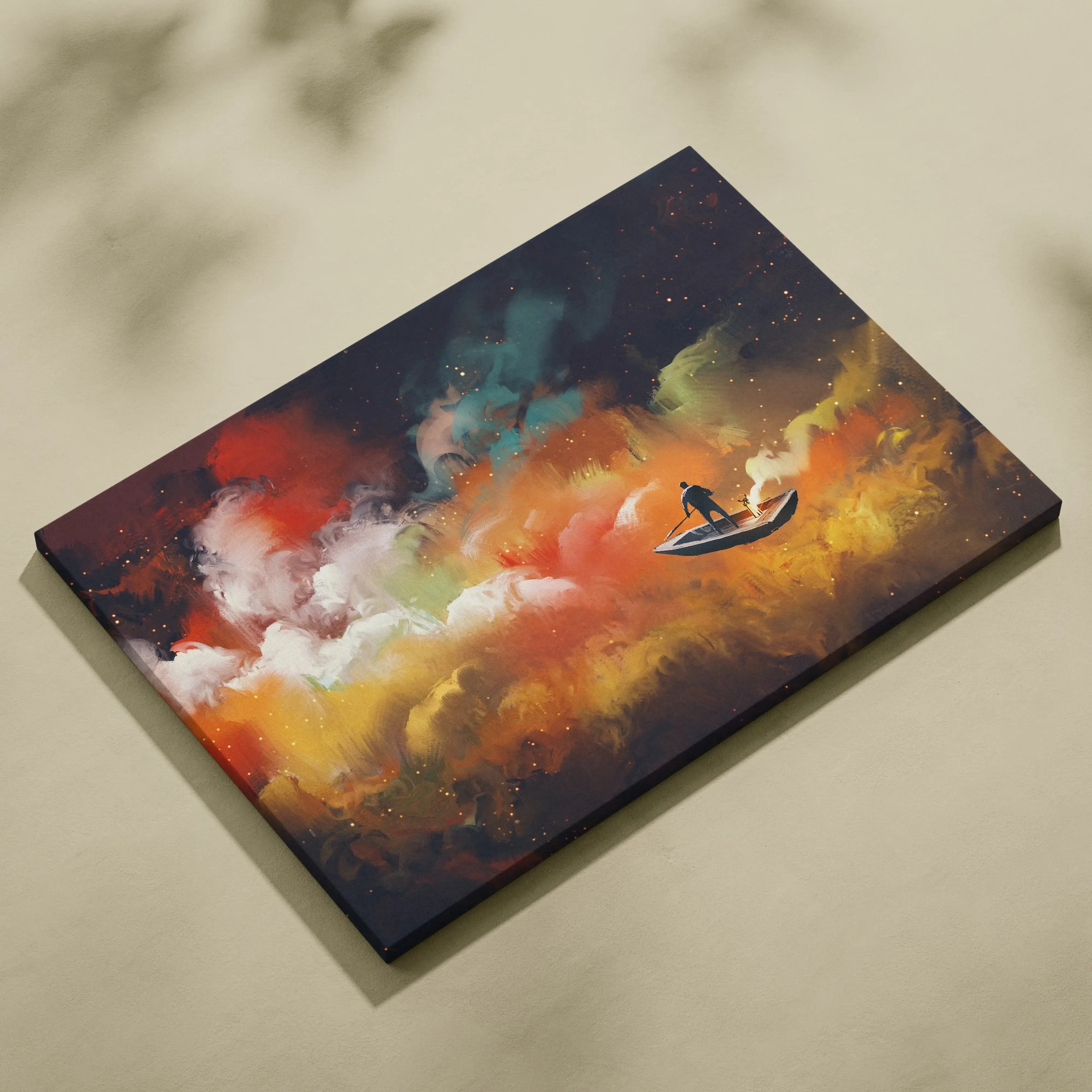 Surreal cosmic boat canvas wall art with vibrant red orange yellow teal nebulae and a lone figure in a small boat