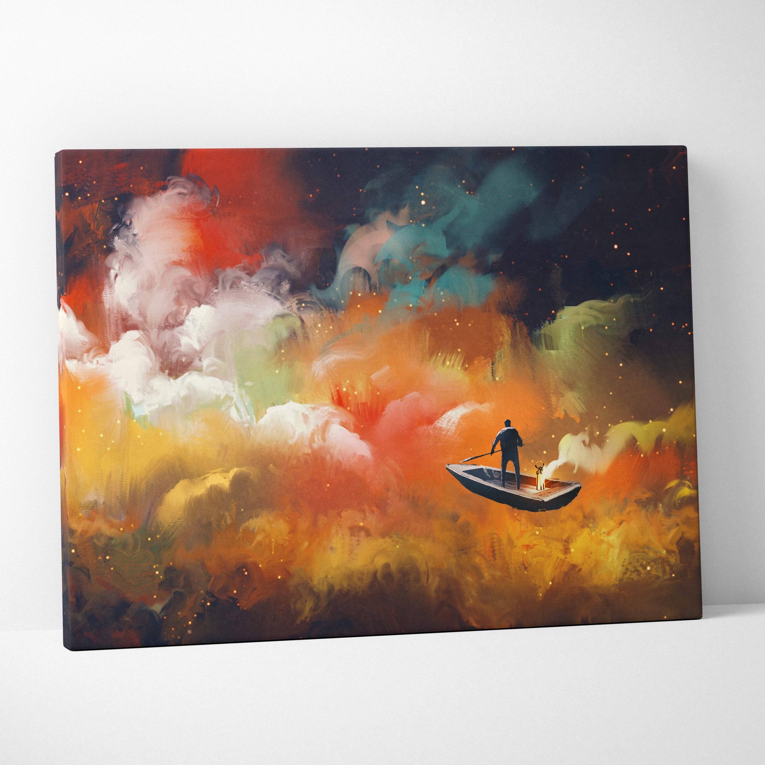 Surreal cosmic boat canvas wall art with vibrant abstract galaxy clouds and a lone figure in a colorful fantasy sky