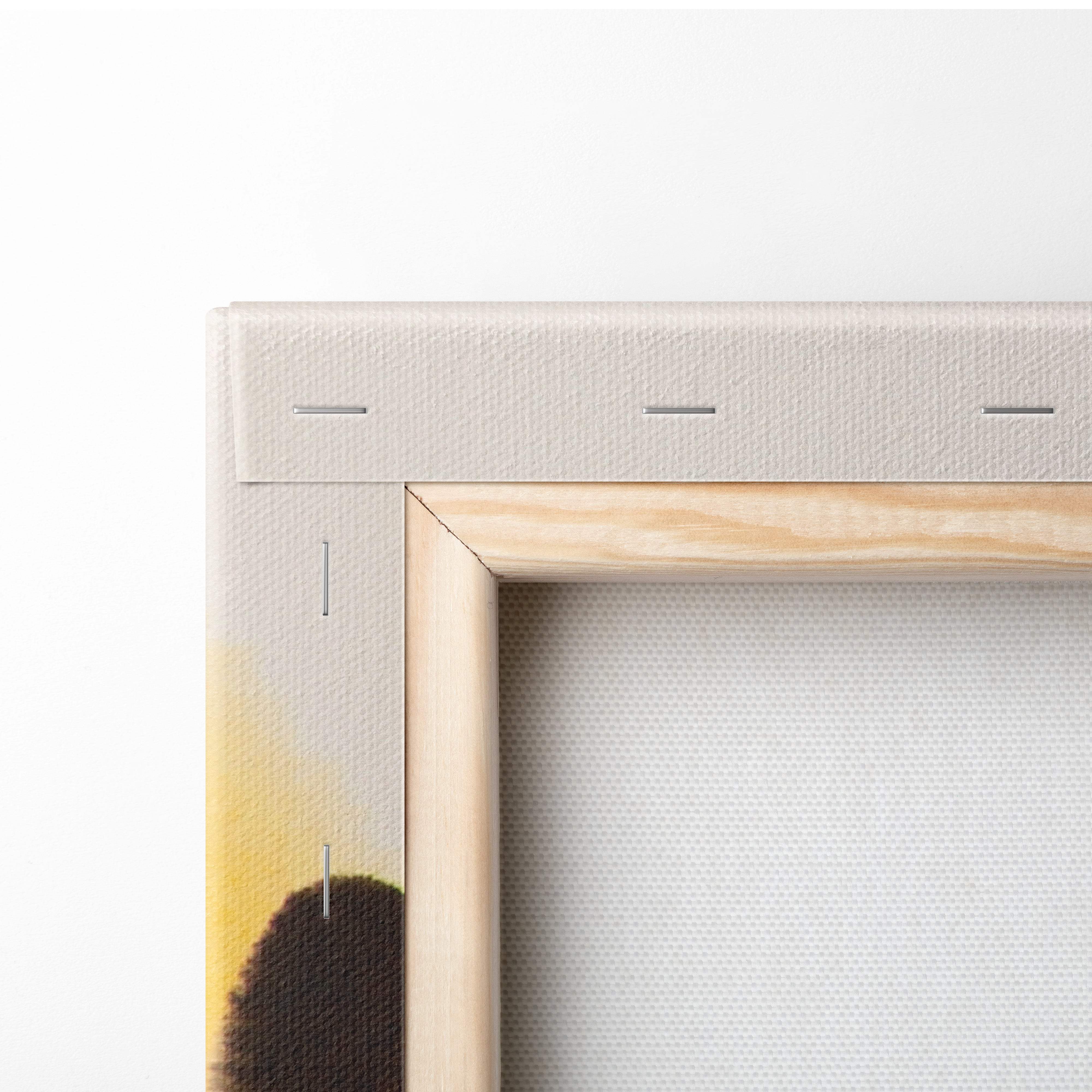 Light wood-framed orange mountain lake canvas wall art with textured beige border and subtle stitching for peaceful decor