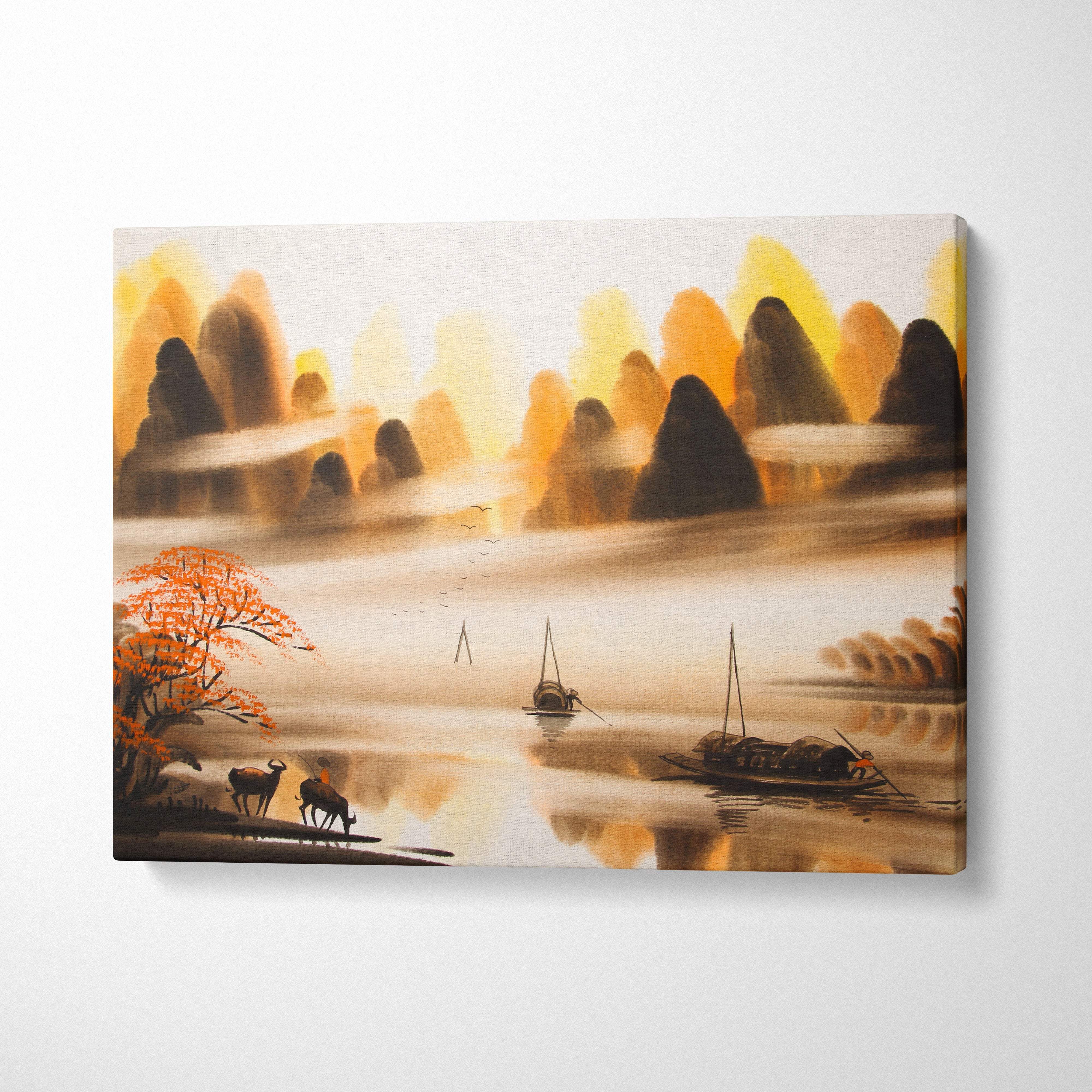 Orange mountain lake canvas wall art with misty mountains sailboats and autumn trees in warm asian watercolor style