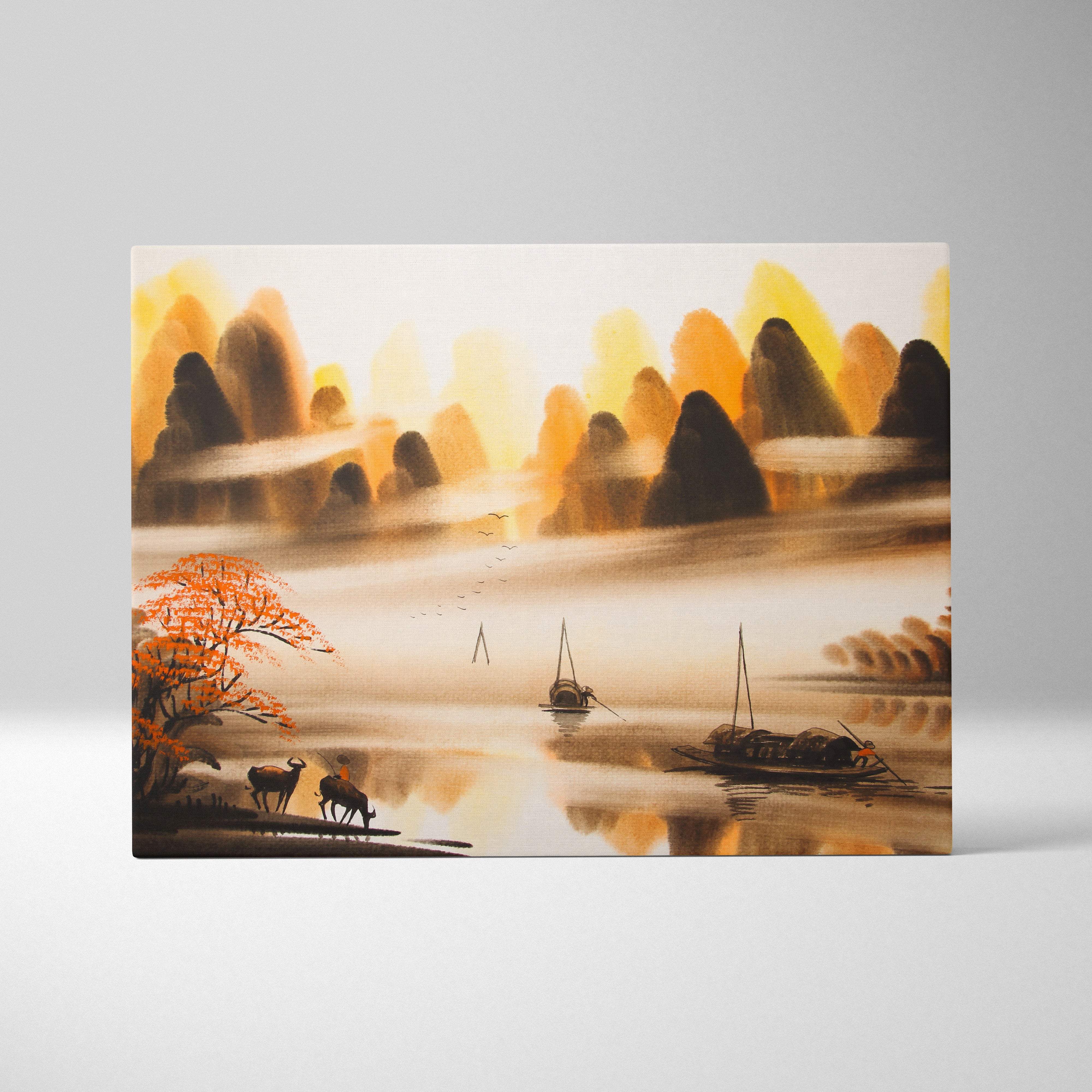Orange mountain lake canvas wall art featuring serene misty mountains boats and autumn trees in warm watercolor style