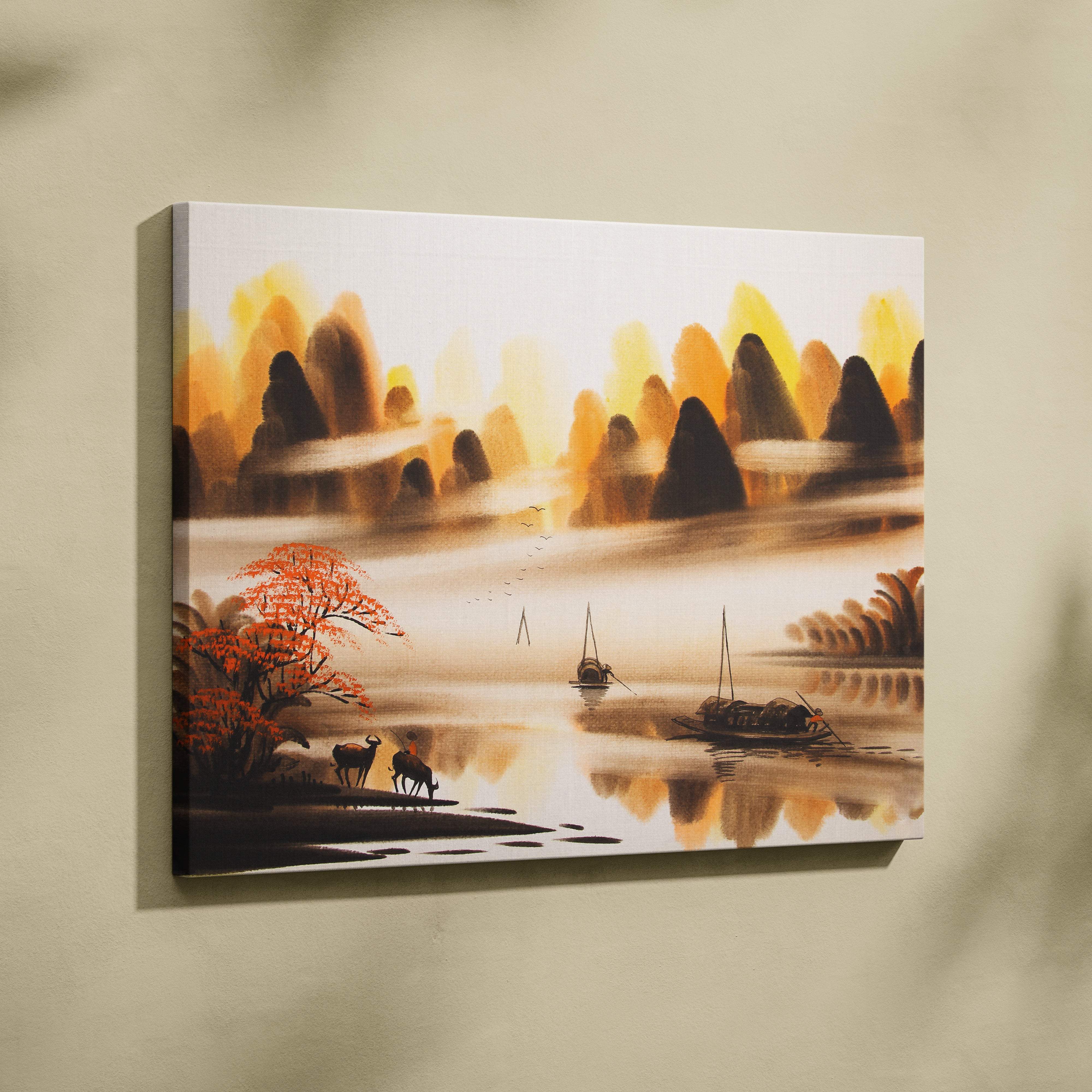 Orange mountain lake canvas wall art featuring warm asian watercolor misty mountains and autumn trees reflection