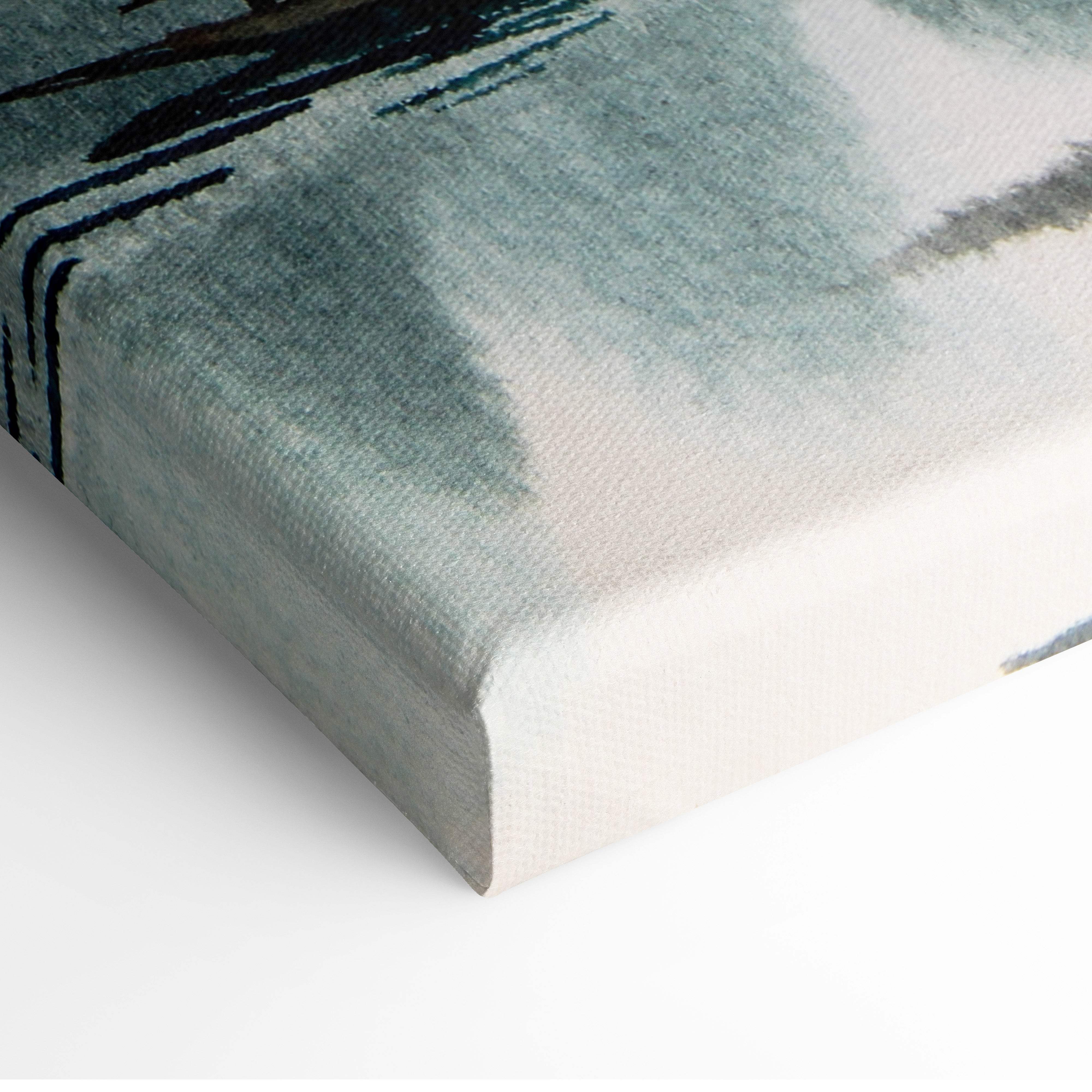 A textured canvas print of a blue asian landscape with abstract teal, gray, and black brushstrokes for serene wall art