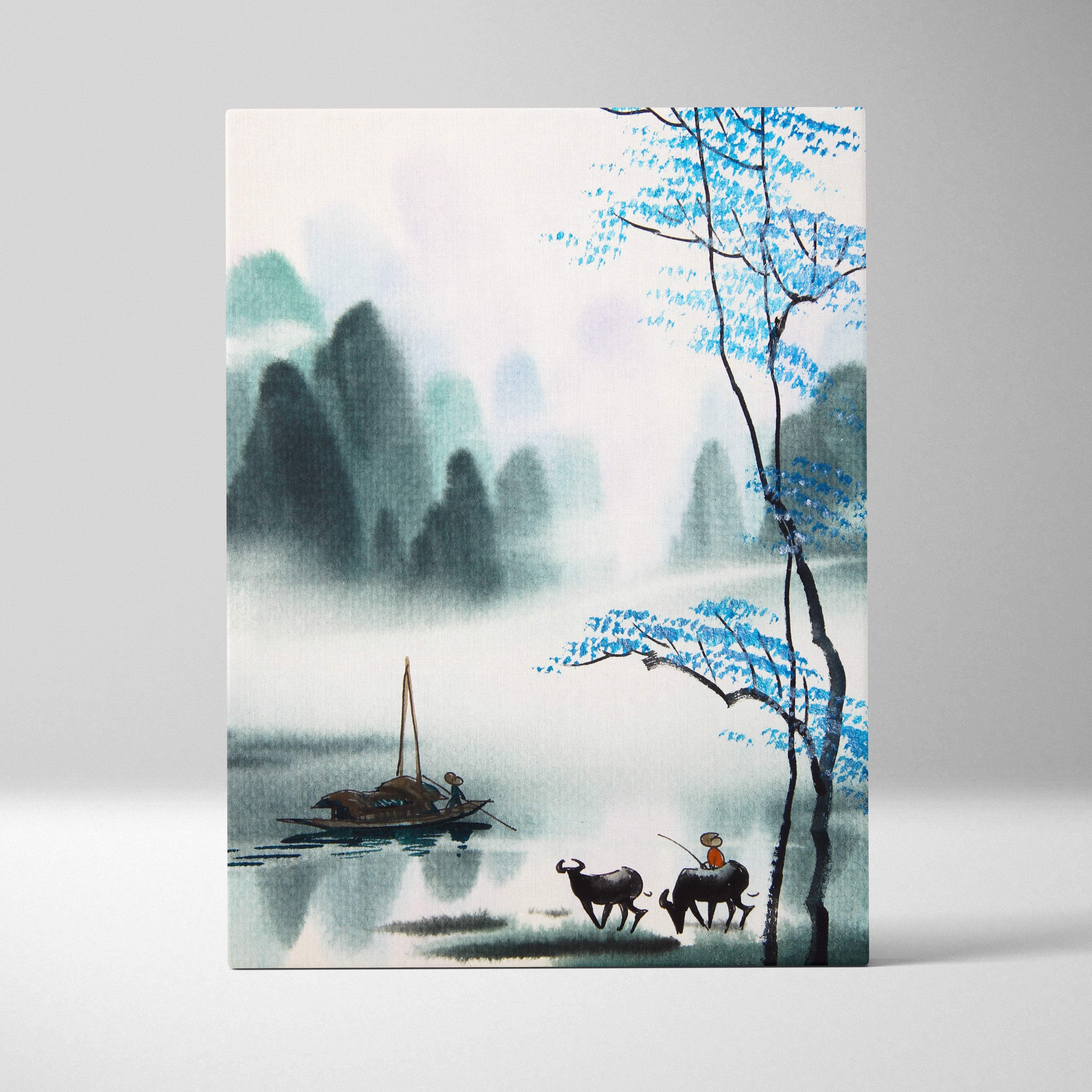 Blue asian landscape canvas wall art with traditional ink-wash painting of misty mountains and blue-leafed trees