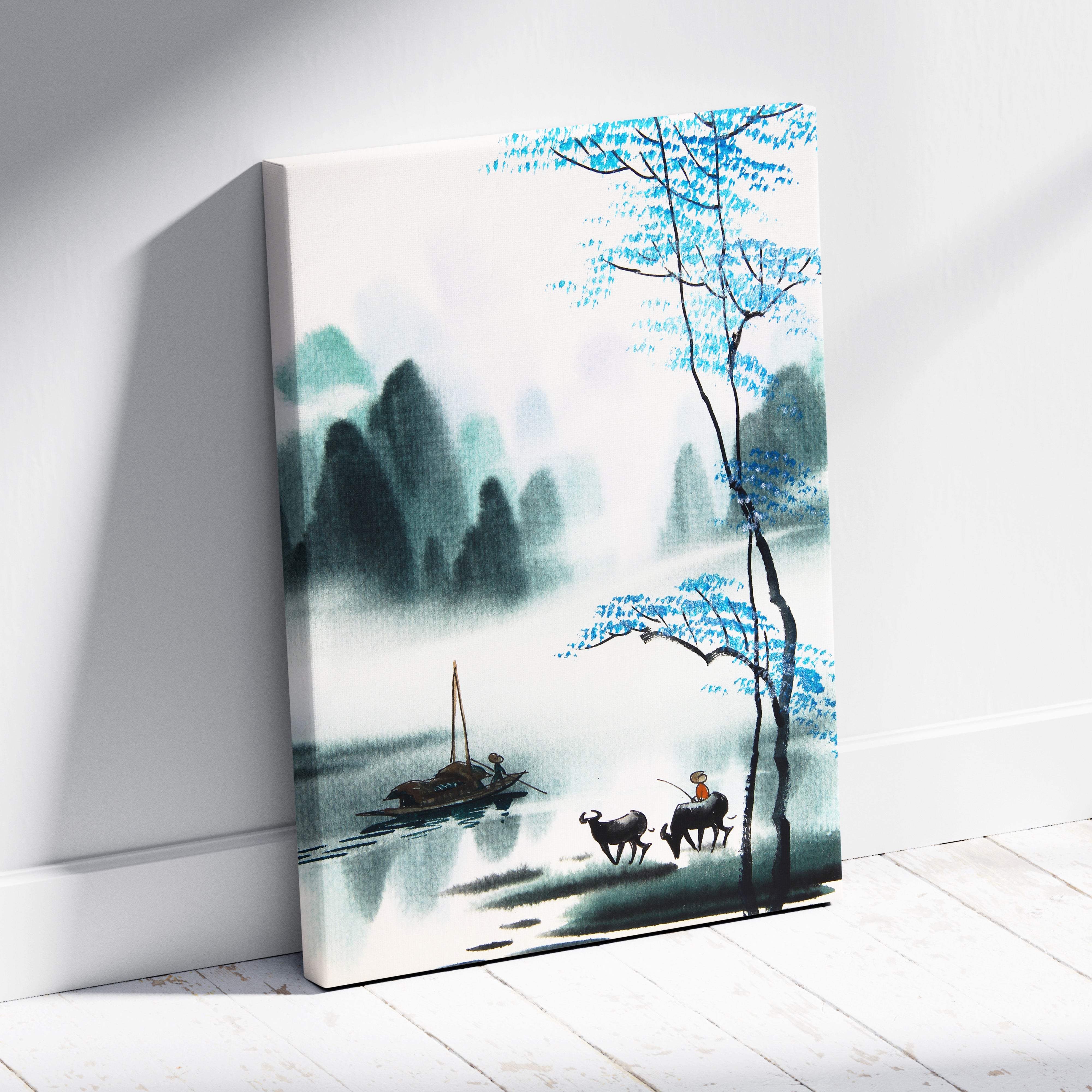 Blue asian landscape canvas wall art featuring misty mountains blue-leafed trees and figures in a serene ink wash style