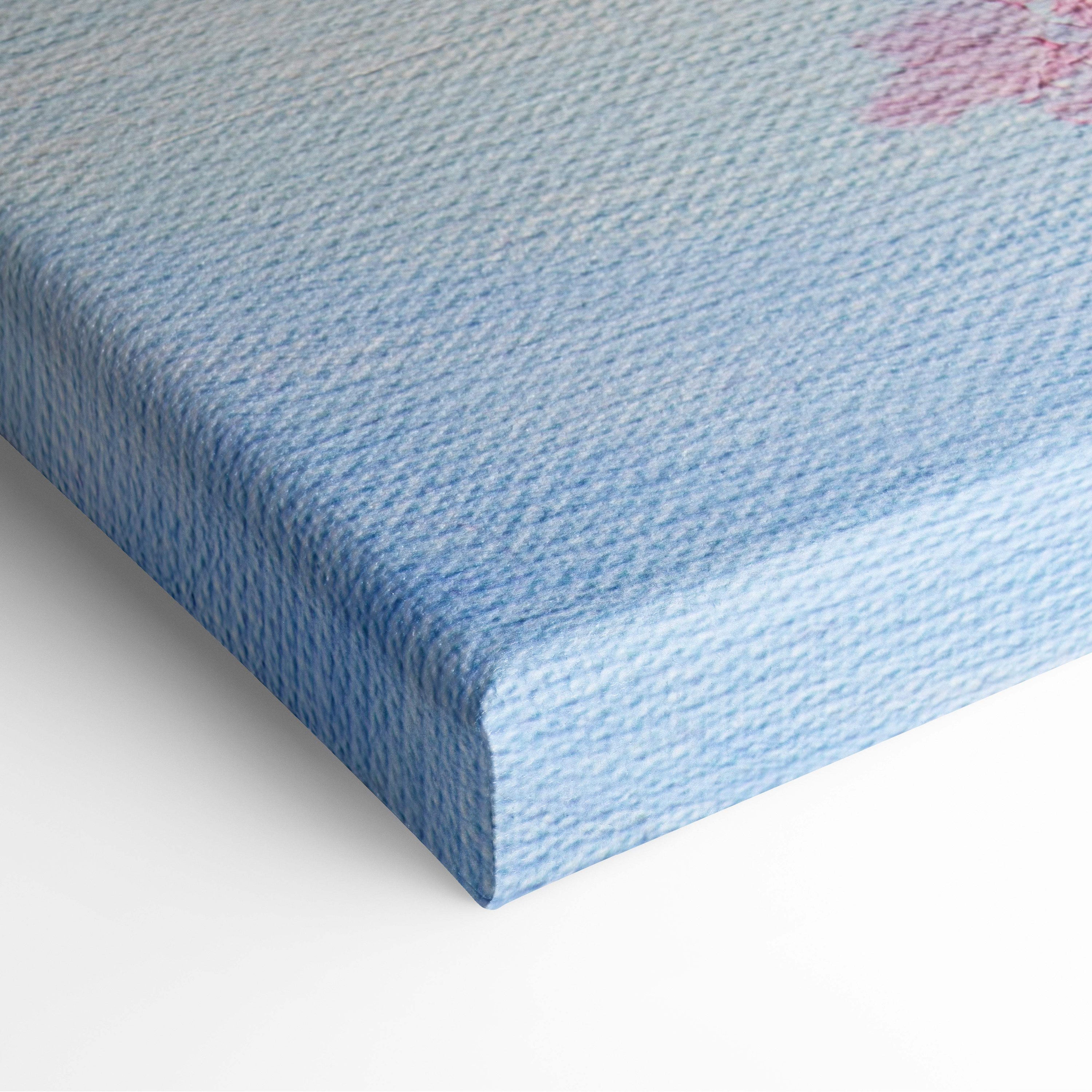 Light blue textured canvas wall art with subtle pink floral design inspired by cherry blossom tree painting style