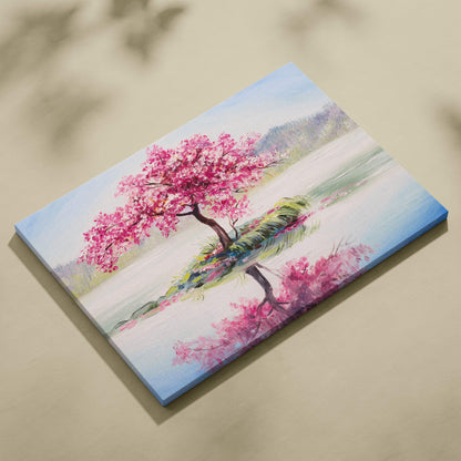 A vibrant pink cherry blossom tree painting on a stretched canvas with pastel background for serene wall art
