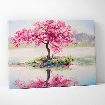 A vibrant pink cherry blossom tree painting on stretched canvas featuring lush blossoms and serene lake reflection