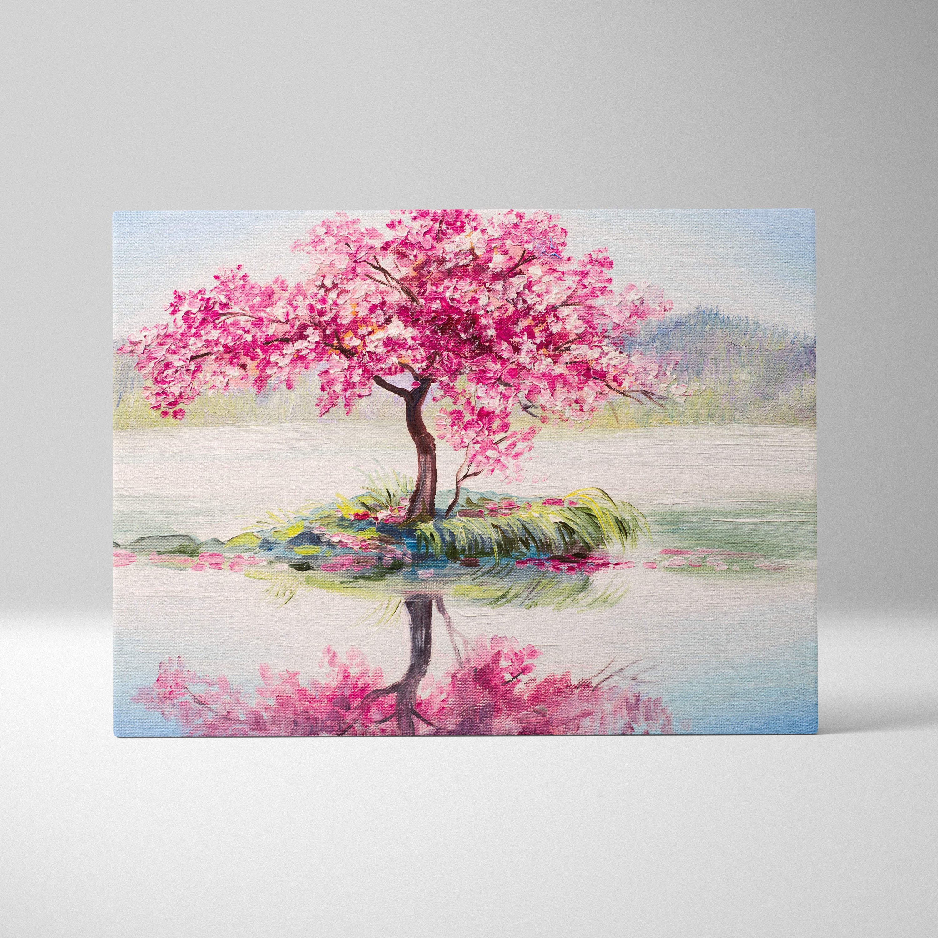 A vibrant pink cherry blossom tree painting on canvas with serene lake reflection and soft pastel landscape background