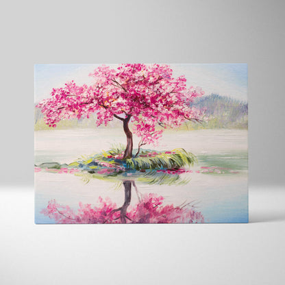 A vibrant pink cherry blossom tree painting on canvas with serene lake reflection and soft pastel landscape background