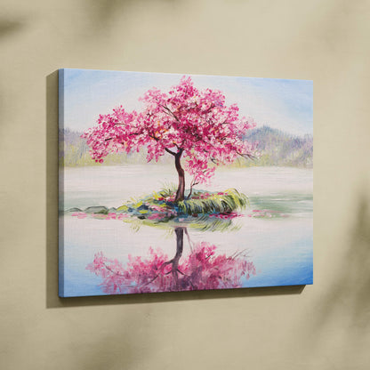 A vibrant pink cherry blossom tree painting on stretched canvas with soft brushstrokes and reflective lake beneath branches