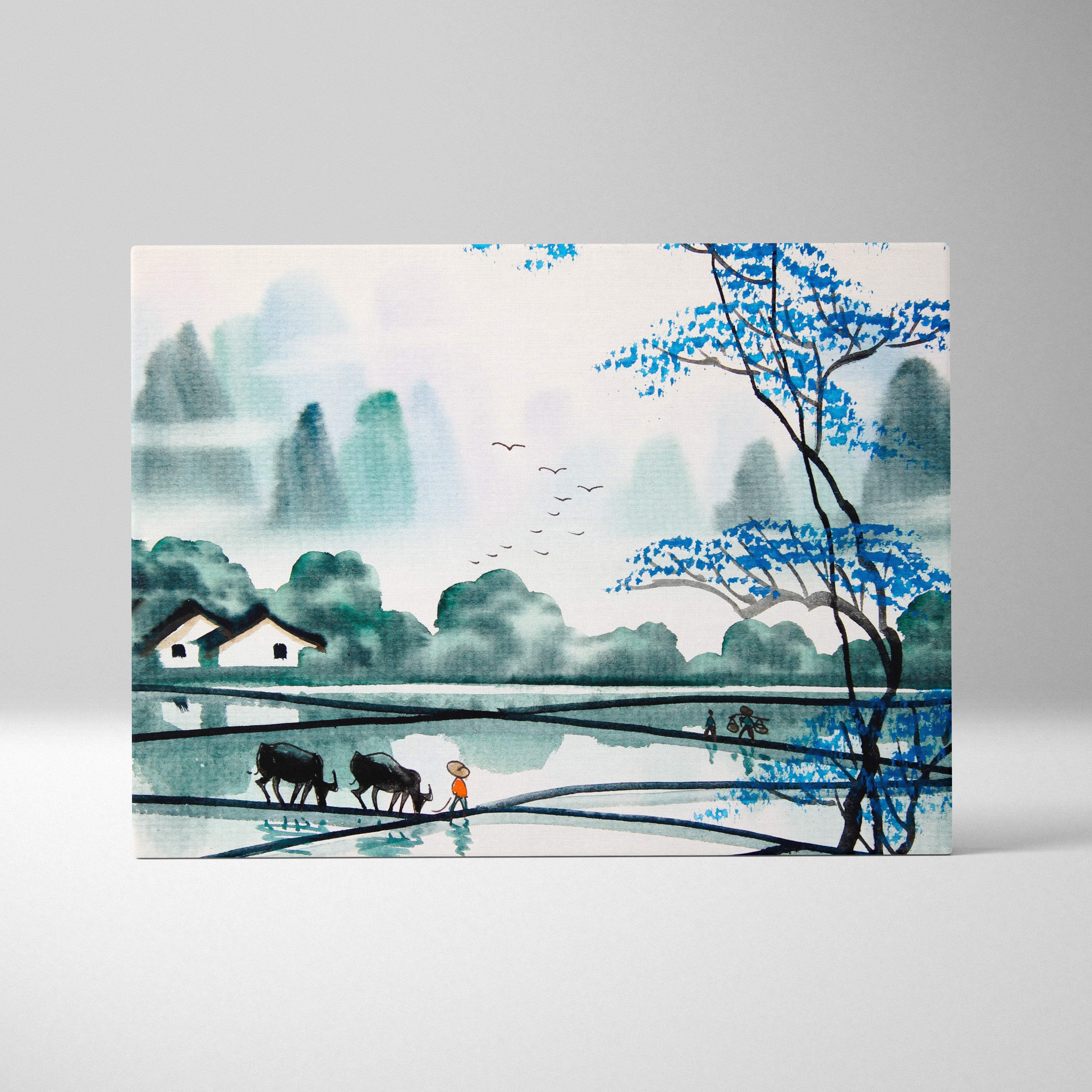 Blue tree rice field canvas wall art features a serene teal watercolor landscape with misty mountains and black oxen