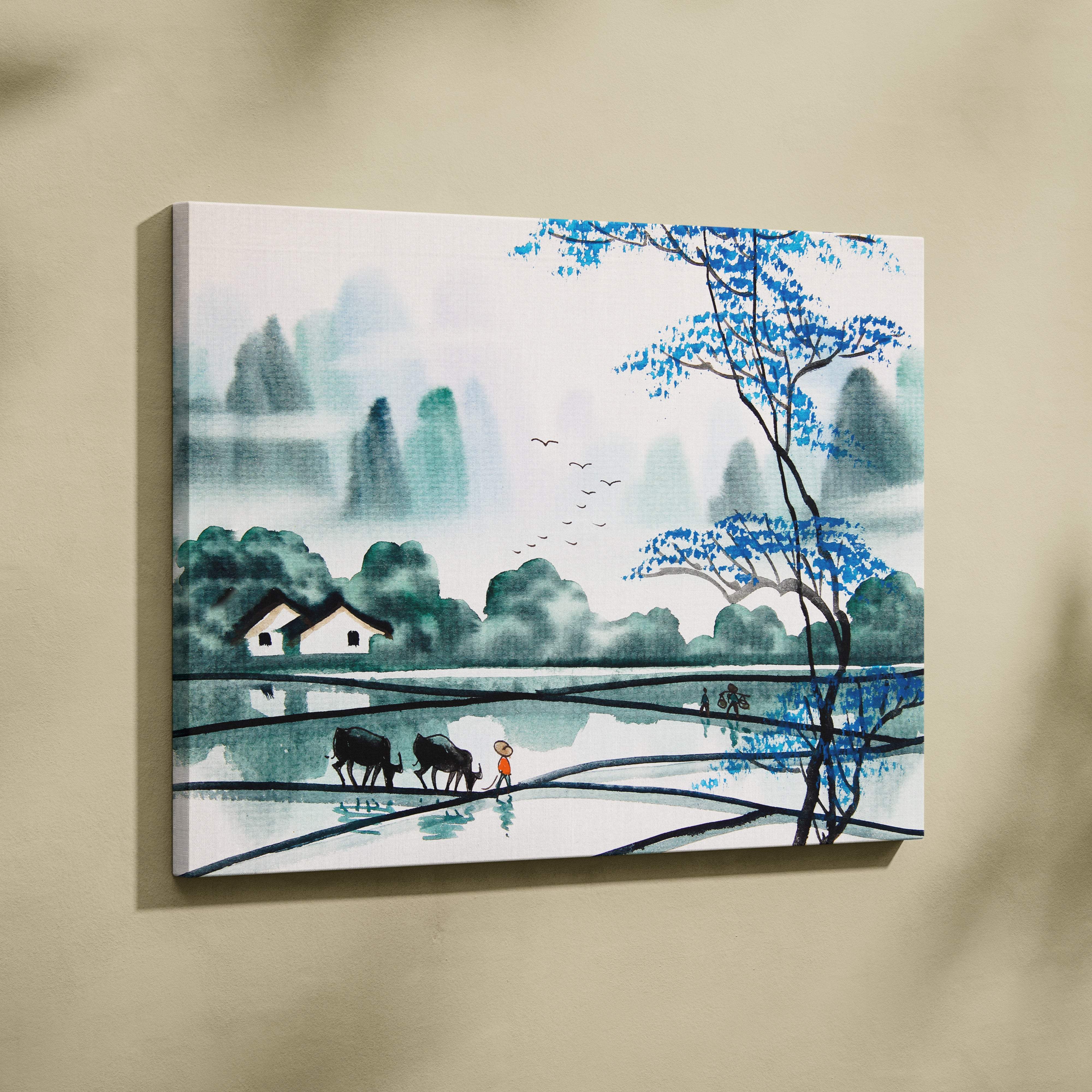 Blue tree rice field canvas wall art with teal ink-wash mountains, misty river, and oxen in peaceful zen style