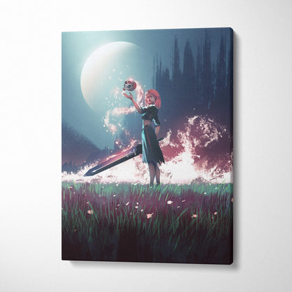 Dark fantasy sorceress canvas wall art depicting a red-haired woman in a green dress holding a glowing skull under a moonlit sky