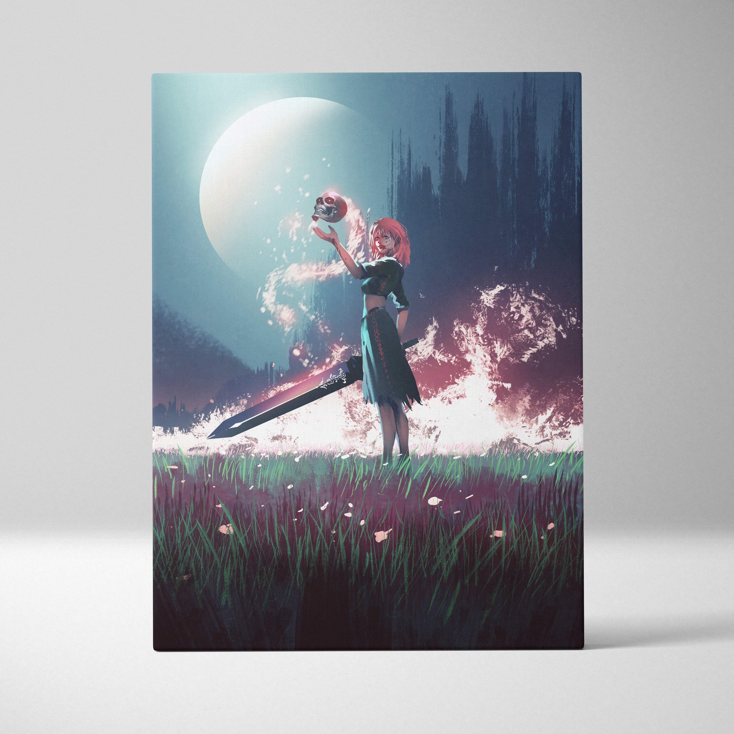 Dark fantasy sorceress canvas wall art featuring a pink-haired warrior holding a glowing red skull with a giant sword under a moonlit sky