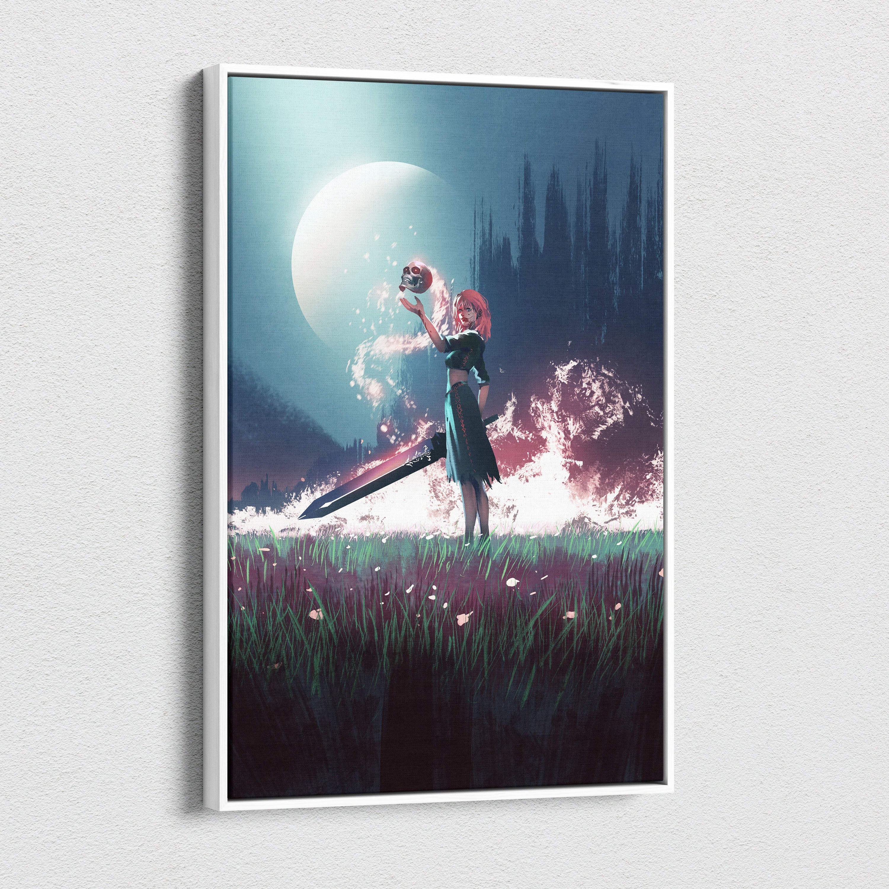 A framed dark fantasy sorceress canvas print featuring a pink-haired warrior holding a glowing skull with a giant sword under a moonlit sky and fiery background