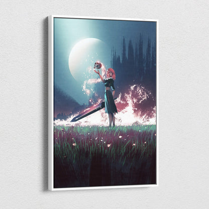 A framed dark fantasy sorceress canvas print featuring a pink-haired warrior holding a glowing skull with a giant sword under a moonlit sky and fiery background