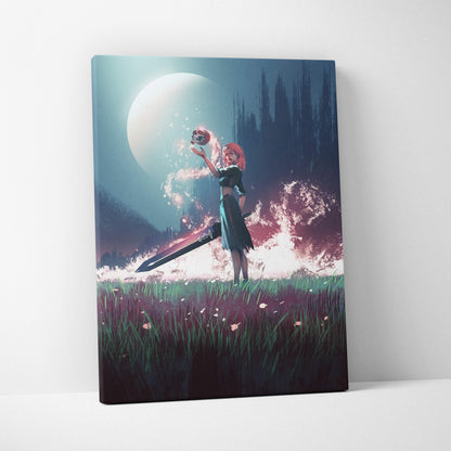 Rectangular canvas print of a pink-haired sorceress holding a glowing red skull with a giant sword under moonlight
