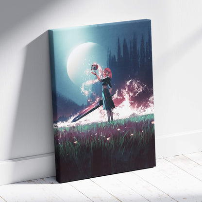 Dark fantasy sorceress canvas wall art showing a pink-haired warrior holding a glowing skull with giant sword under moonlight