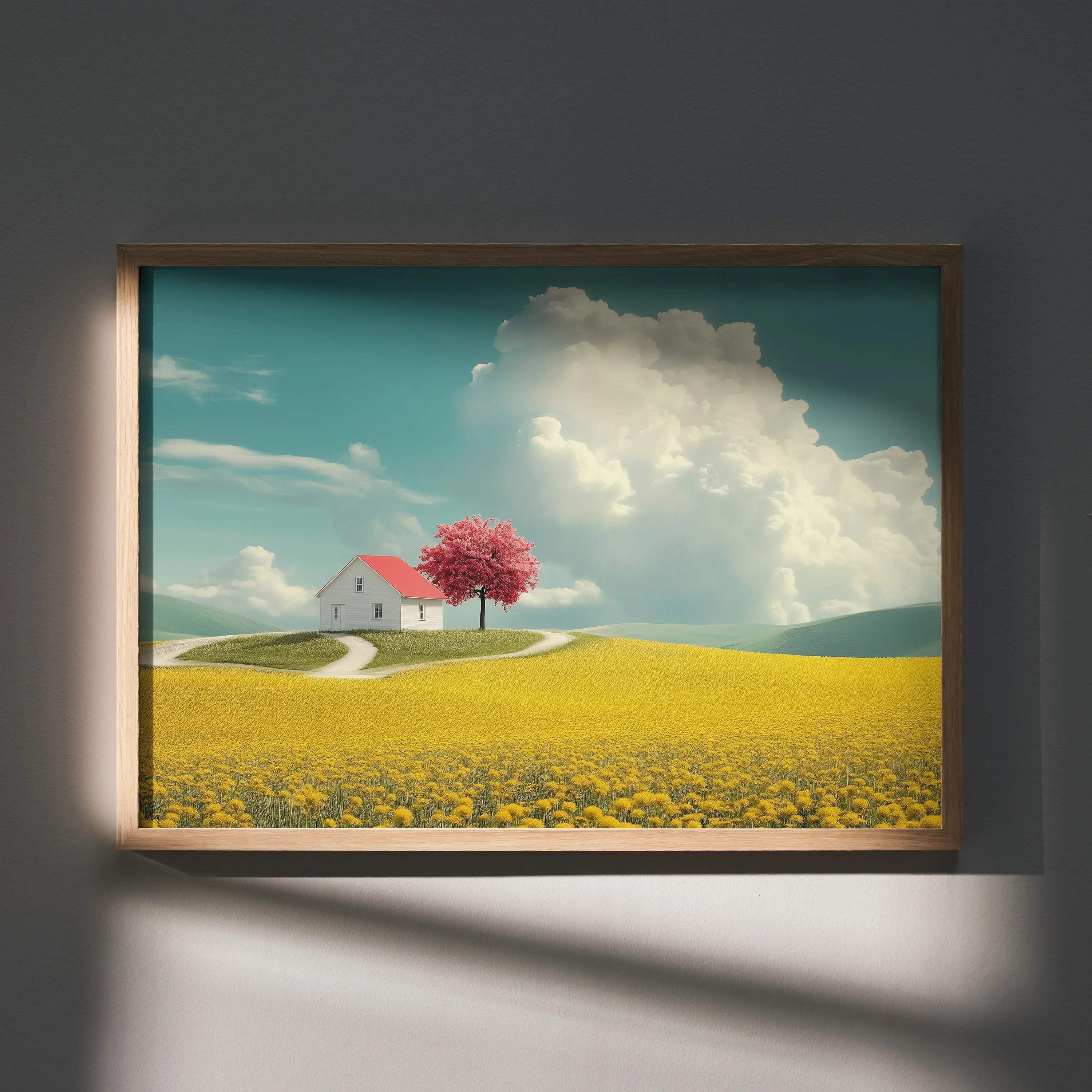 Cherry blossom and white house wall art poster with yellow field and blue sky clouds.