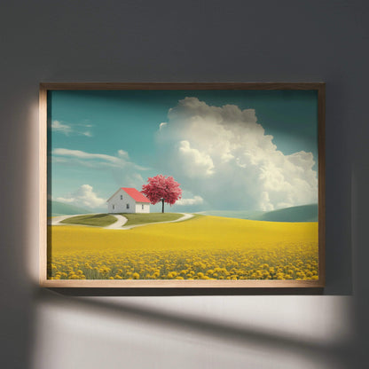 Cherry blossom and white house wall art poster with yellow field and blue sky clouds.