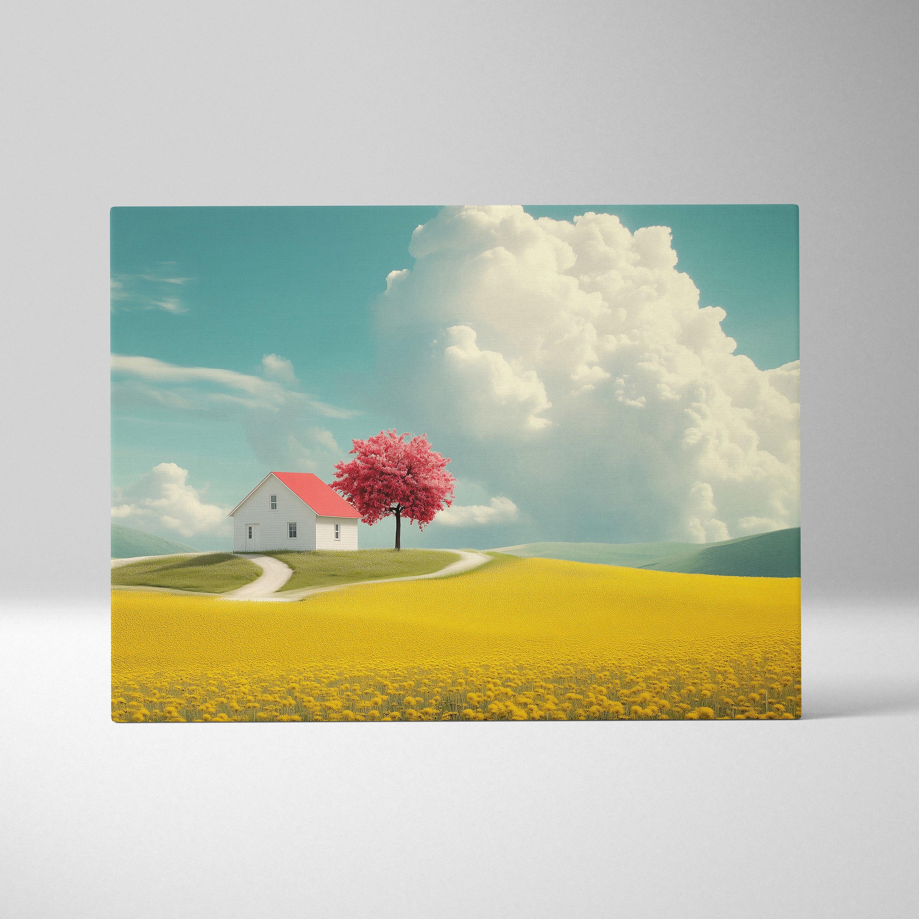 Canvas wall art featuring a serene landscape with a white house, vibrant pink cherry tree, and yellow flower field under a.