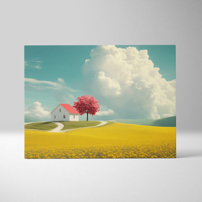 Canvas wall art featuring a serene landscape with a white house, vibrant pink cherry tree, and yellow flower field under a.