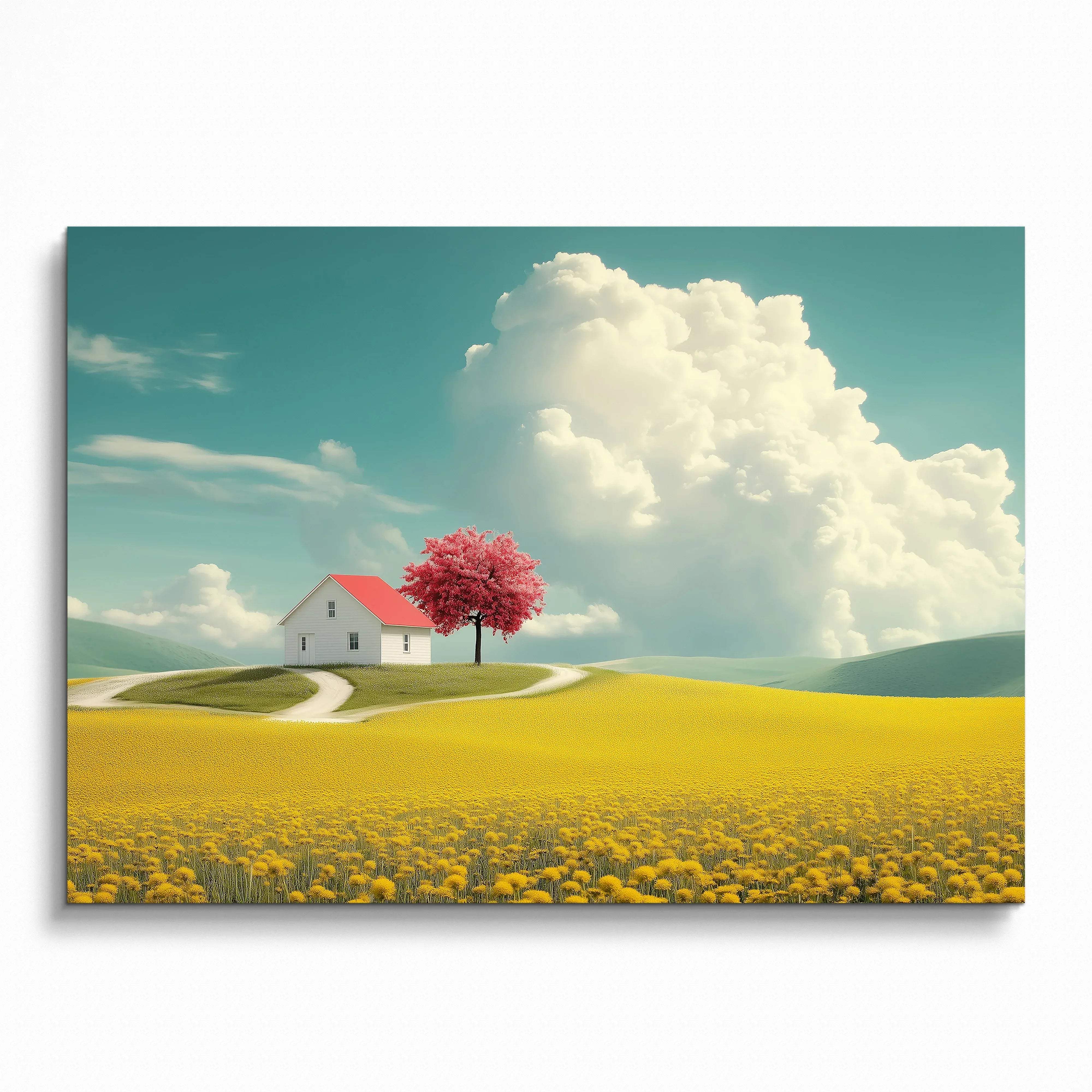 Poster of a white house with vibrant cherry blossom tree amid yellow fields under a cloudy blue sky wall art.