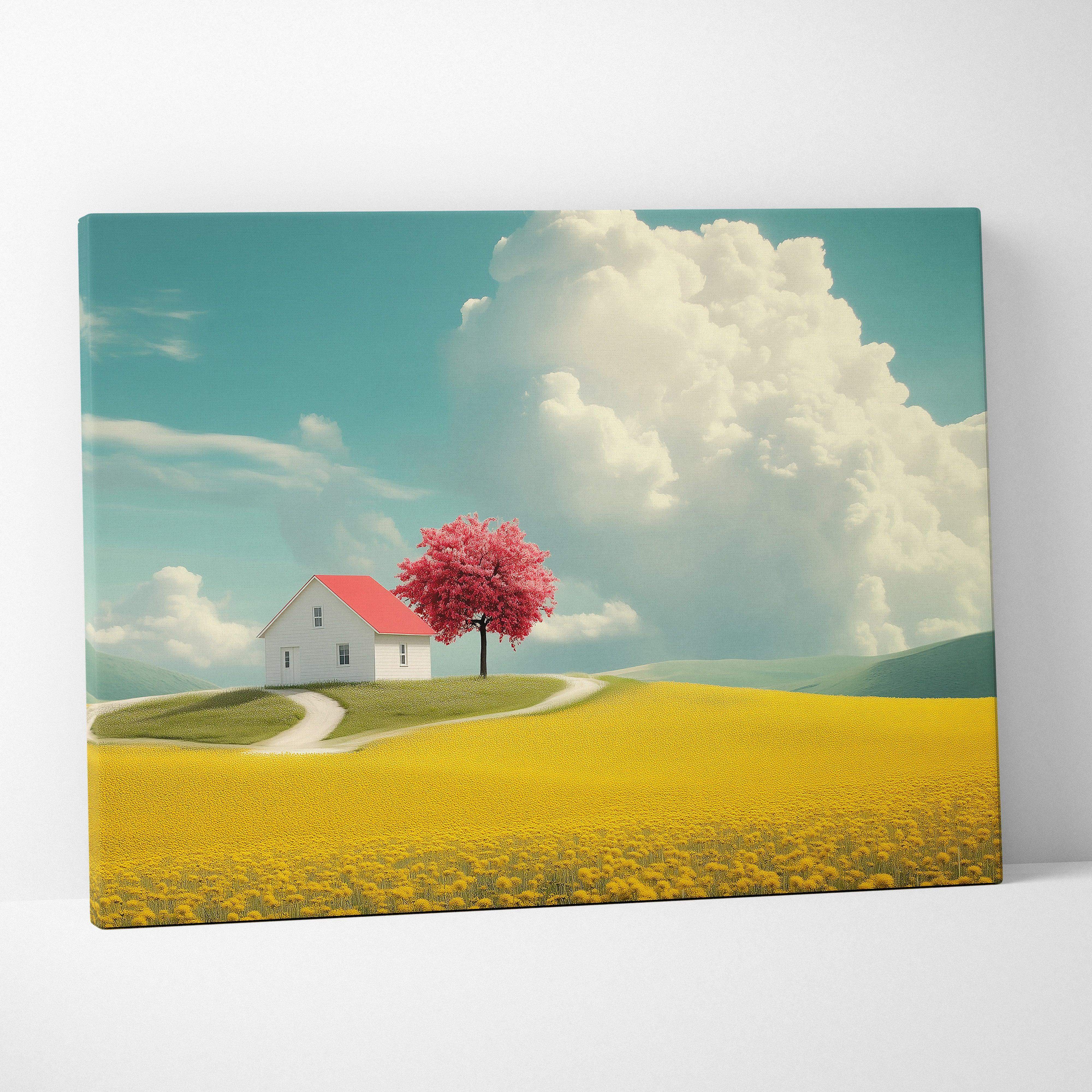 Rectangular canvas wall art of a whimsical pastoral landscape with a white house red roof and pink cherry blossom tree