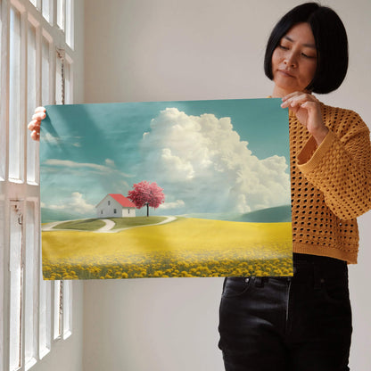 Cherry blossom tree near white house with red roof in yellow field under blue sky poster wall art.