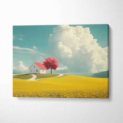 Elegant digital canvas wall art featuring a white house with a red cherry blossom tree in a vibrant yellow field under a.