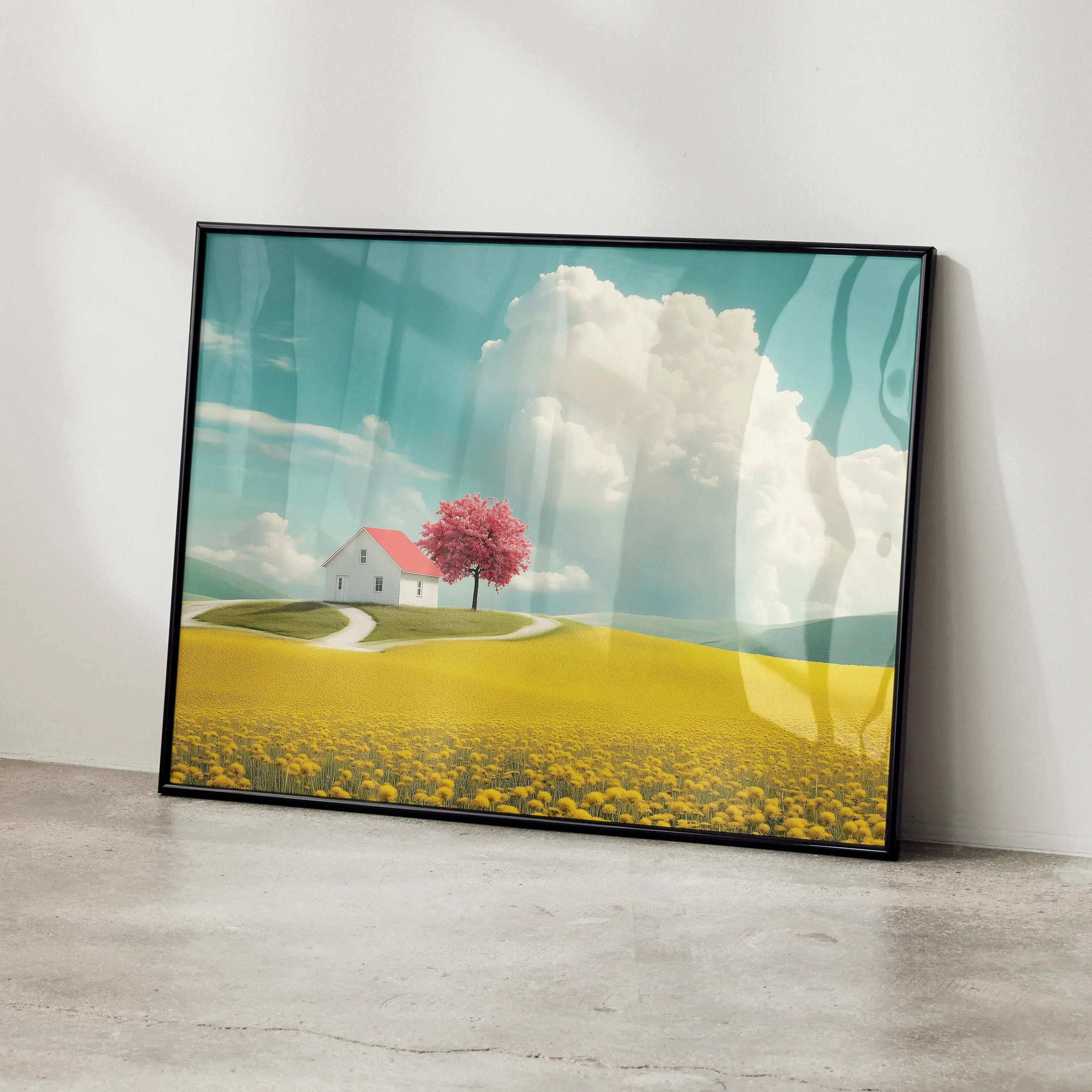 Cherry blossom tree over yellow field with white house under blue sky poster wall art.