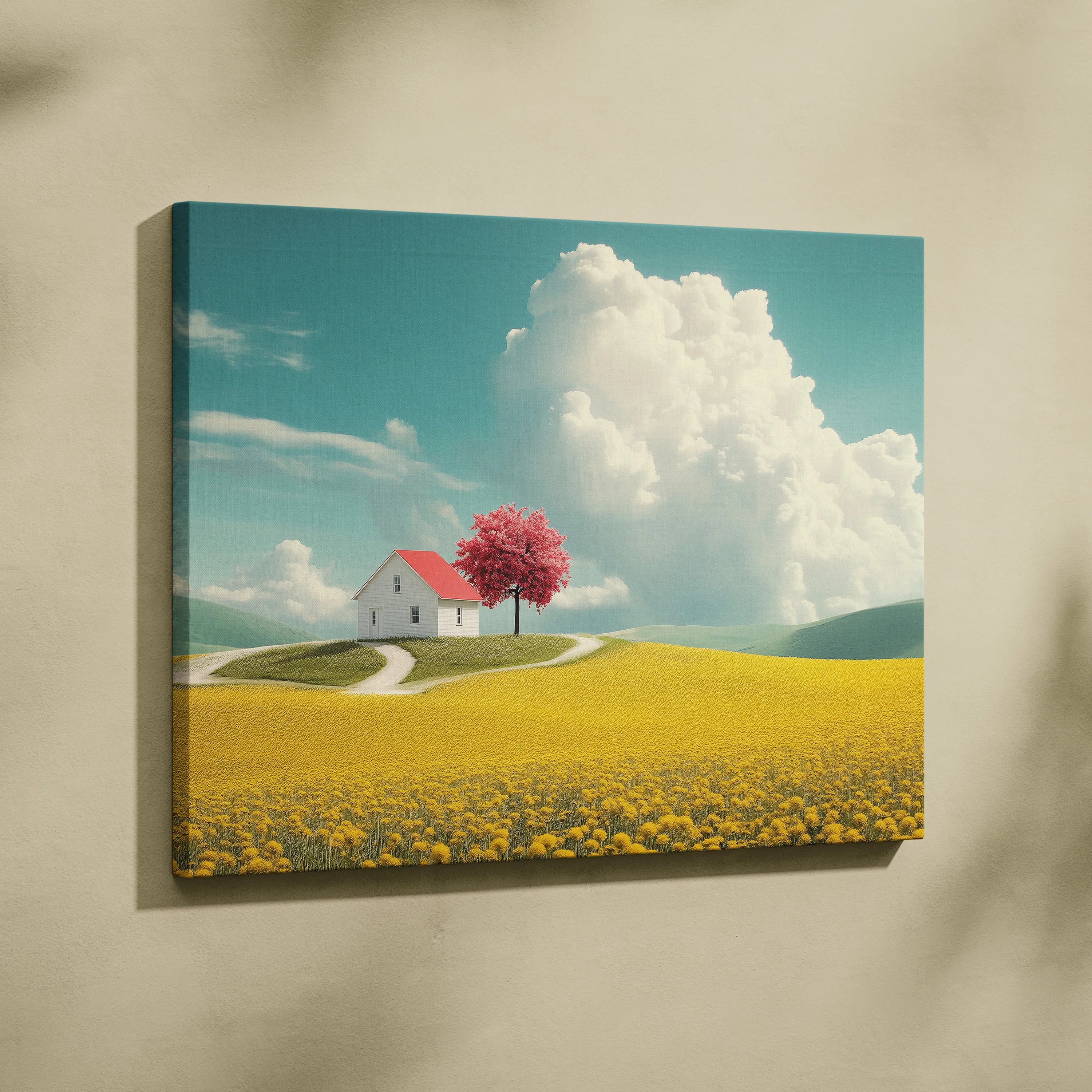 Canvas wall art featuring a red cherry blossom tree beside a white house under a bright blue sky with clouds.